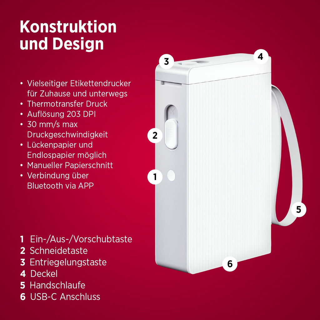Olympia P22 Etikettendrucker | Etikettiergerät für Home Office & Bürobedarf | Bluetooth-Thermodrucker für Küche, Büro & Hobby | Label Printer für Endlospapier | Wasserfest & Abriebfest (Weiß)
