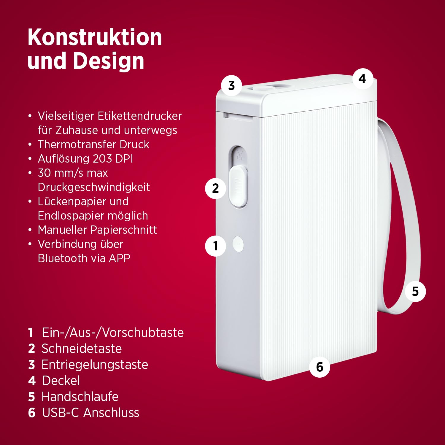 Olympia P22 Etikettendrucker | Etikettiergerät für Home Office & Bürobedarf | Bluetooth-Thermodrucker für Küche, Büro & Hobby | Label Printer für Endlospapier | Wasserfest & Abriebfest (Weiß)