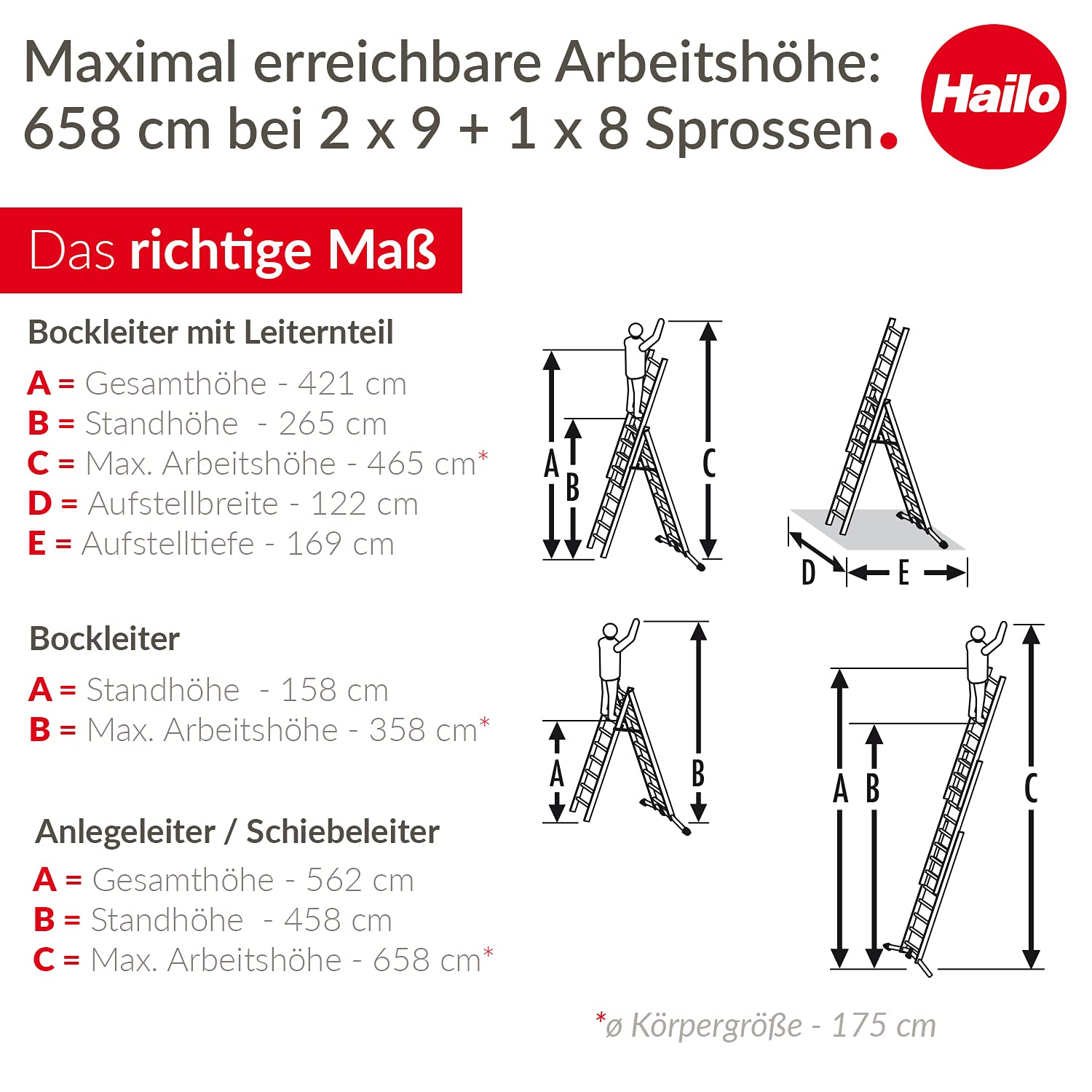 Hailo S100 ProfiLOT 3-teilige Alu-Kombileiter mit LOT-System - gleicht Unebenheiten aus - 2 x 9 + 1 x 8 profilierte Sprossen belastbar bis 150 kg - Aluleiter made in Germany - Leiter rostfrei - silber