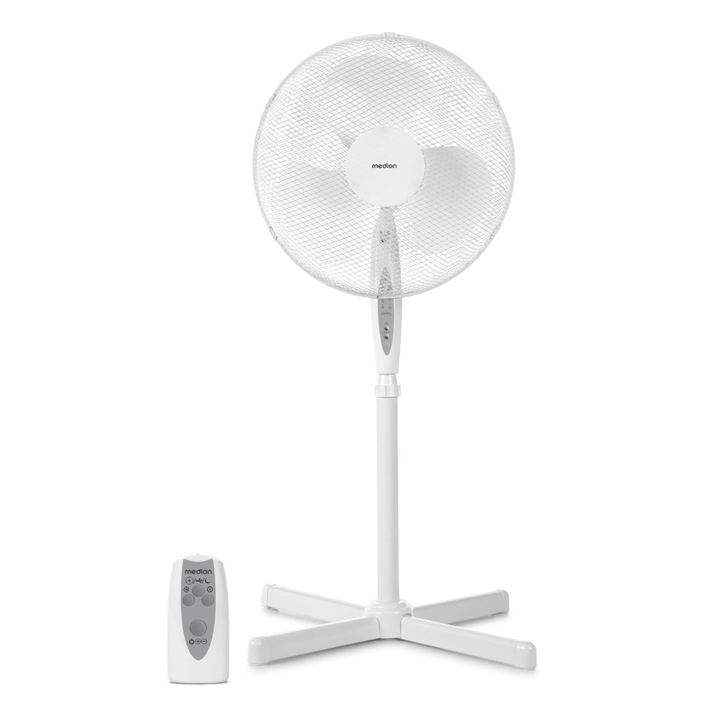 MEDION Standventilator mit Fernbedienung, drei Geschwindigkeitsstufen, 45 Watt Leistung, 36 cm, Schwenkfunktion, Oszillation, verstellbare Höhe, MD18795, weiß