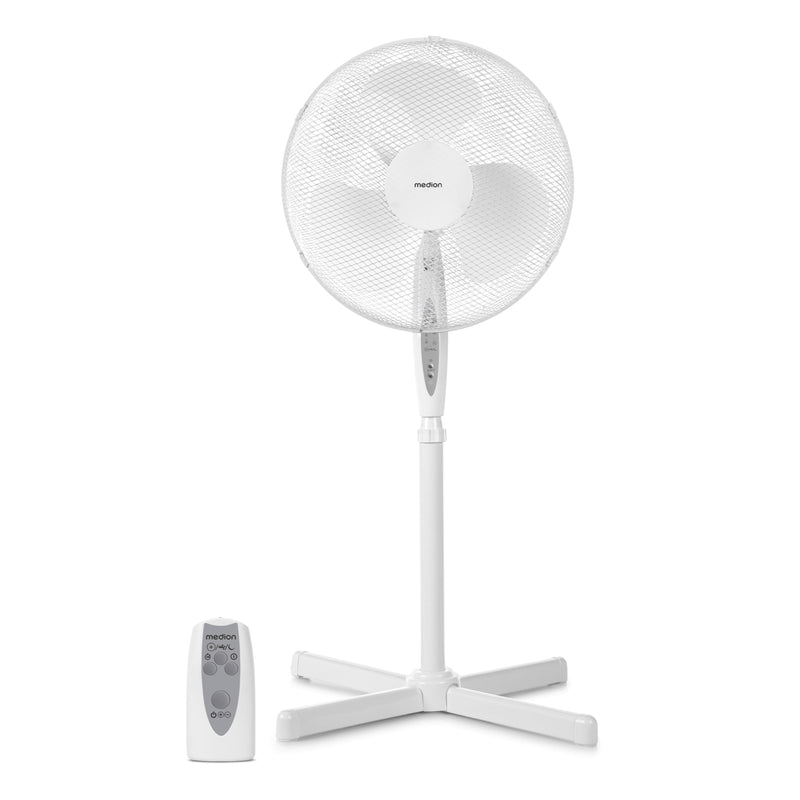 MEDION Standventilator mit Fernbedienung, drei Geschwindigkeitsstufen, 45 Watt Leistung, 36 cm, Schwenkfunktion, Oszillation, verstellbare Höhe, MD18795, weiß