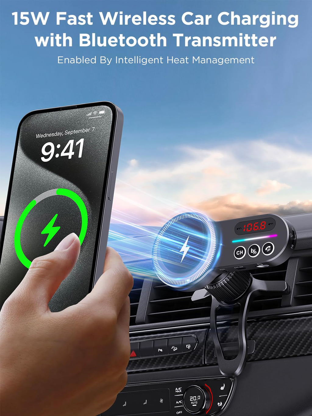 Magift for MagSafe Car Bluetooth Transmitter Mount, Black 20X Powerful Magnetic Phone Holder for iPhone, Bluetooth 5.3 Car Adapter Hands Free, QC 3.0, Easily Install