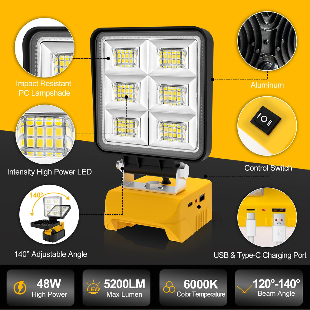 T-SUN Akku Lampe Für Dewalt 18V, 48W 5200LM LED Arbeitsleuchte Akku, Tragbare Baustrahler mit 2 Modi Helligkeit, Multifunktionales Flutlicht Strahler für Autoreparatur, Heimbeleuchtung, Camping
