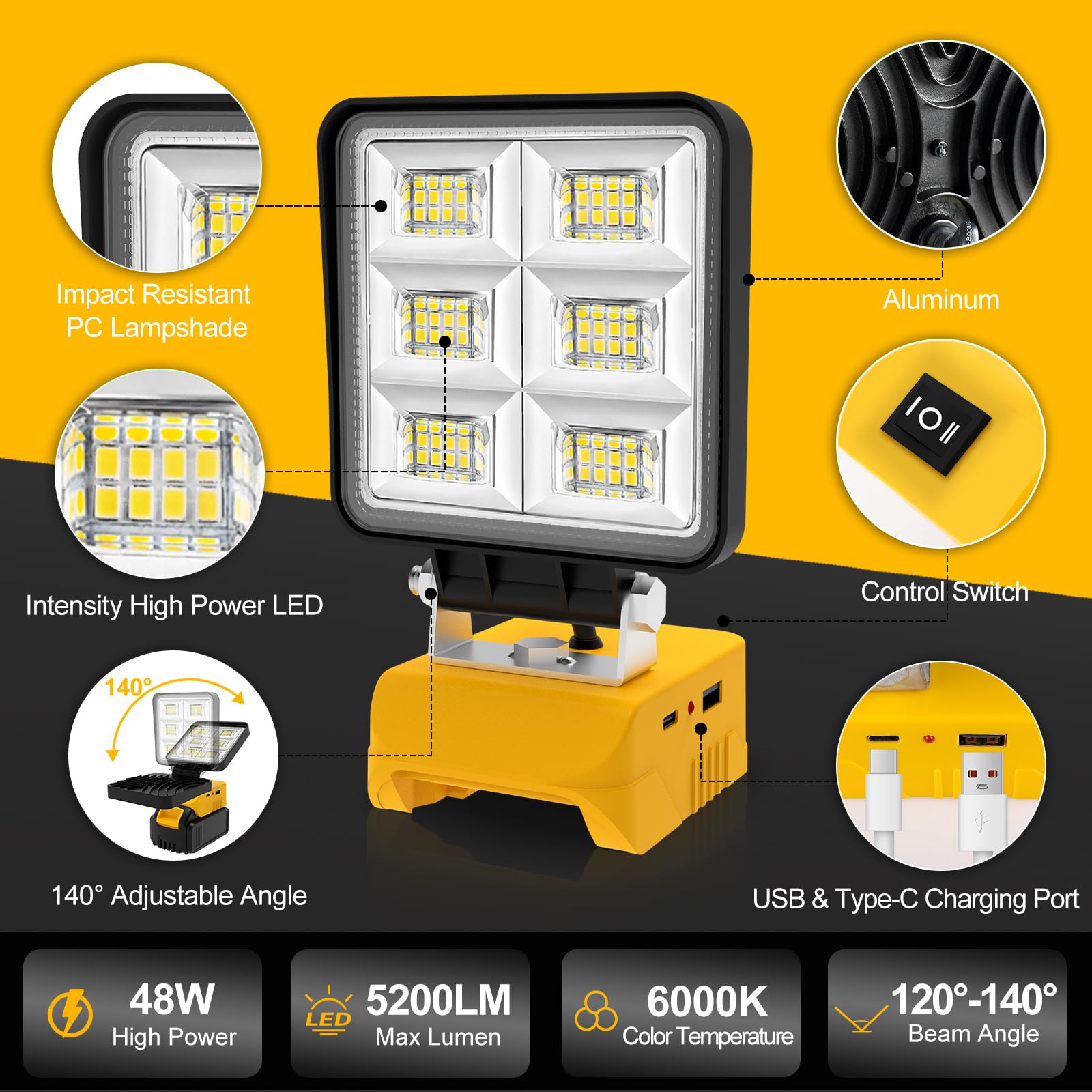 T-SUN Akku Lampe Für Dewalt 18V, 48W 5200LM LED Arbeitsleuchte Akku, Tragbare Baustrahler mit 2 Modi Helligkeit, Multifunktionales Flutlicht Strahler für Autoreparatur, Heimbeleuchtung, Camping