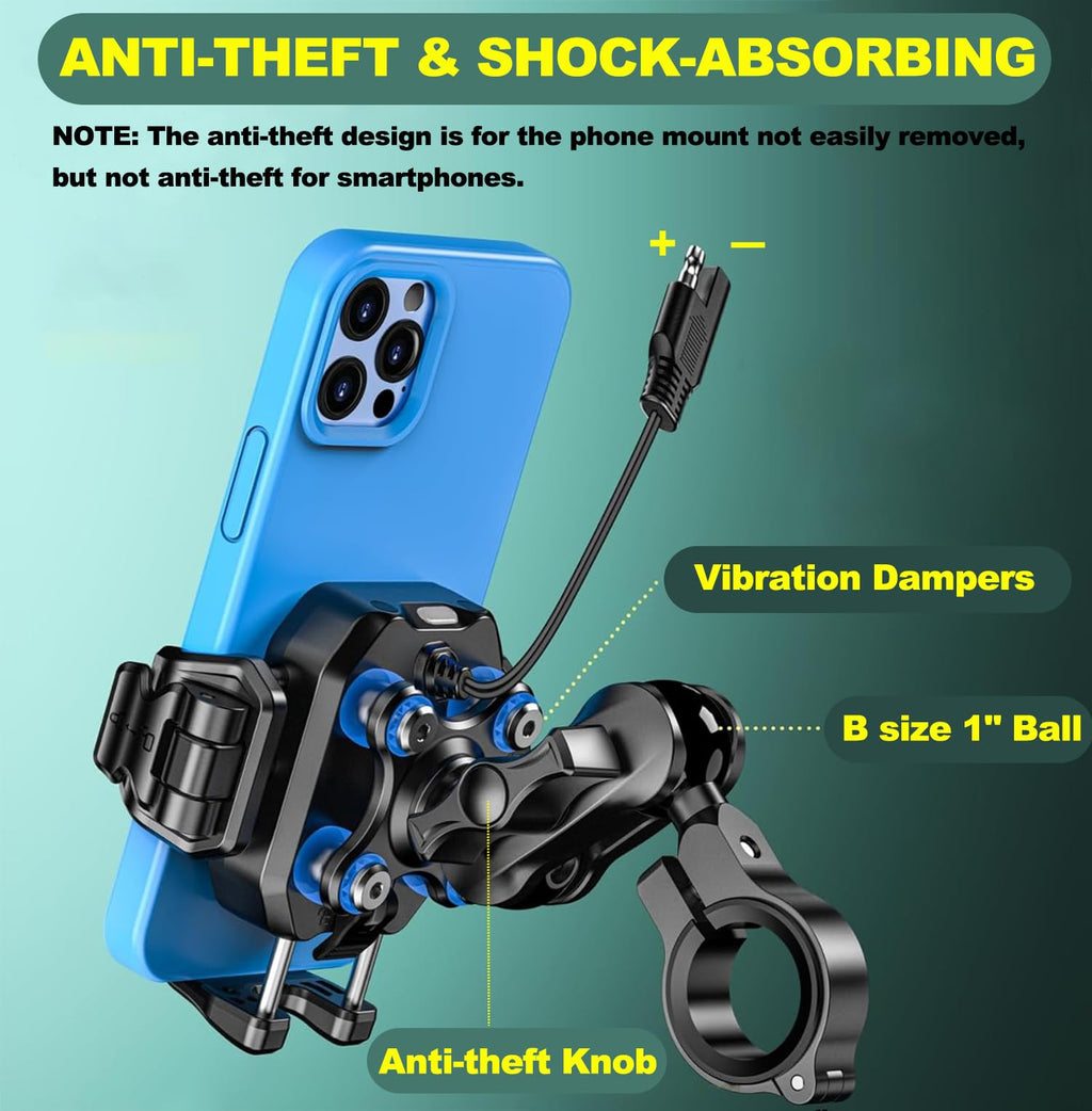 iMESTOU Kabellose USB-C Handyhalterung für Motorrad, Vibrationsdämpfend und Wasserdicht, 2,5 cm Kugel Qi Handyhalterung, Geeignet für 4,7"-7,2" mit max. 15mm Dicke Handys, Passend für 22–32 mm Lenker