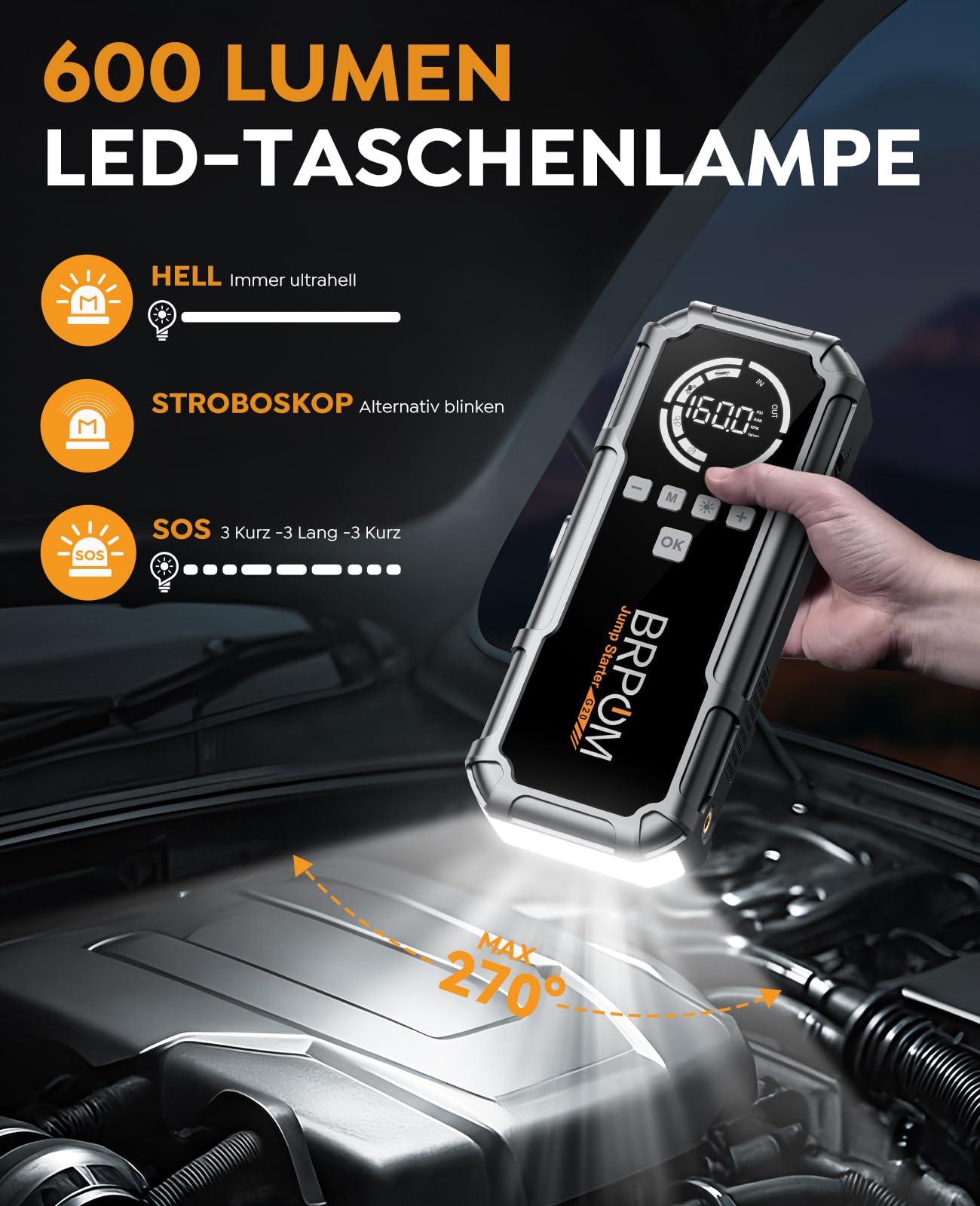 BRPOM Starthilfe Powerbank für Pkw mit Kompressor 160PSI,8000A 26800mAh Auto Starthilfe Powerbank für All Benzin und 12.0L Dieselmotor,Starter Powerbank Eingang/Ausgang und 600LUM LED-Licht
