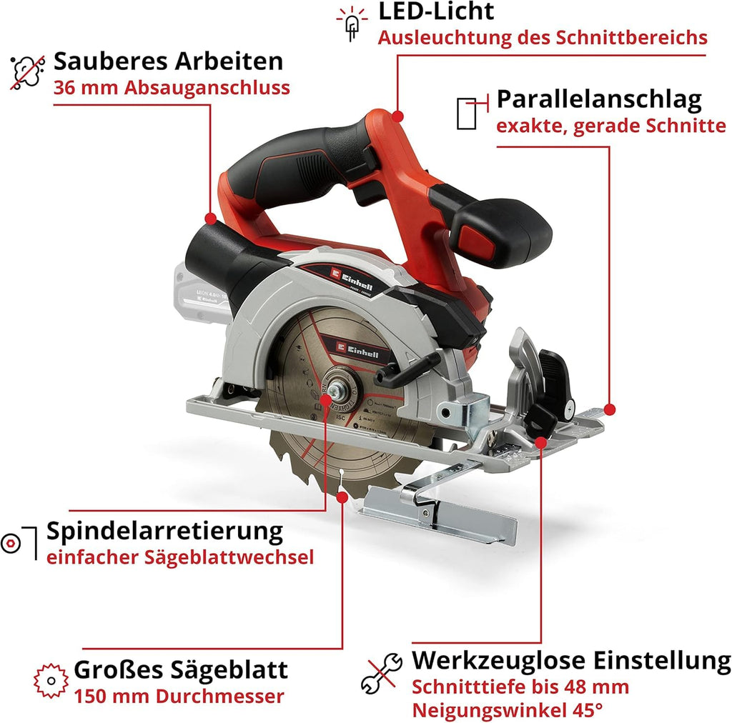 Einhell Akku-Handkreissäge TE-CS 18/150 Li-Solo Power X-Change (18 V, Li-Ion, Ø150 x Ø10 mm Sägeblatt, Schnitttiefe und Neigungswinkel werkzeuglos einstellbar, LEDs, ohne Akku und Ladegerät)