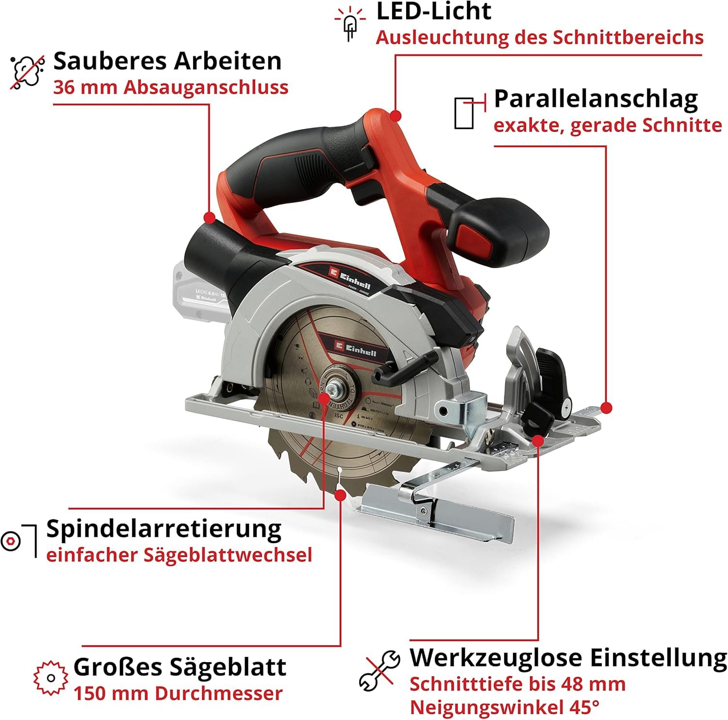 Einhell Akku-Handkreissäge TE-CS 18/150 Li-Solo Power X-Change (18 V, Li-Ion, Ø150 x Ø10 mm Sägeblatt, Schnitttiefe und Neigungswinkel werkzeuglos einstellbar, LEDs, ohne Akku und Ladegerät)