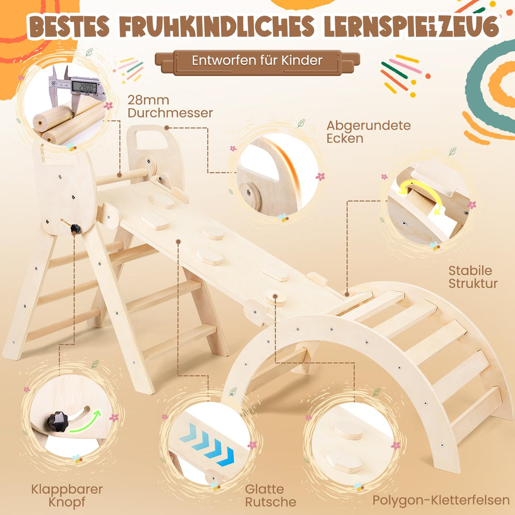 Woodure 7-in-1 Montessori Klettergerüst Indoor Set, Verformbares Kletterdreieck mit Rutsche & Kletterbogen, Hölzernes Pikler Dreieck zum Baby Klettern, Klettergerüst Montessori Spielzeug ab 1-6 Jahre