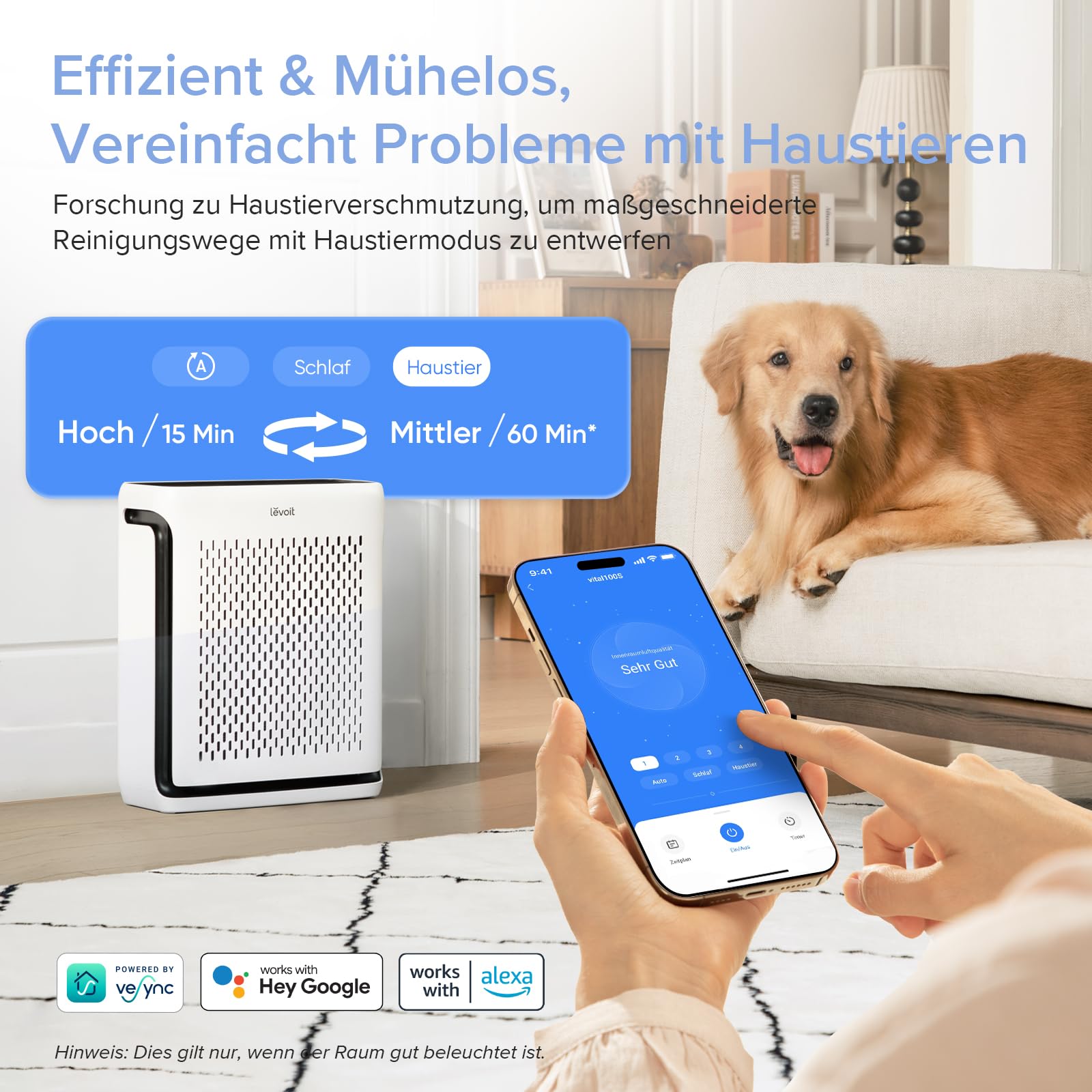 LEVOIT | HEPA Luftreiniger | Air Purifier mit Lichtsensor und waschbarem Vorfilter | Leise | CADR 243 m³/h, Wohnung bis 52 m² | entfernt 99,97 % von Staub, Pollen, Tierhaaren & Gerüchen | Tiermodus