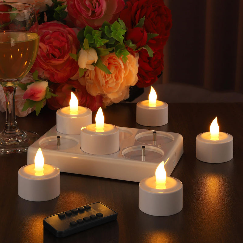 EXTSUD 6 Stück LED Teelichter Aufladbar mit Timer Fernbedienung und Ladestation Elektrische Teelichter LED Kerzen Wiederaufladbar Flackernd Flammenlose Candles für Weihnachten Hochzeiten Haus Deko