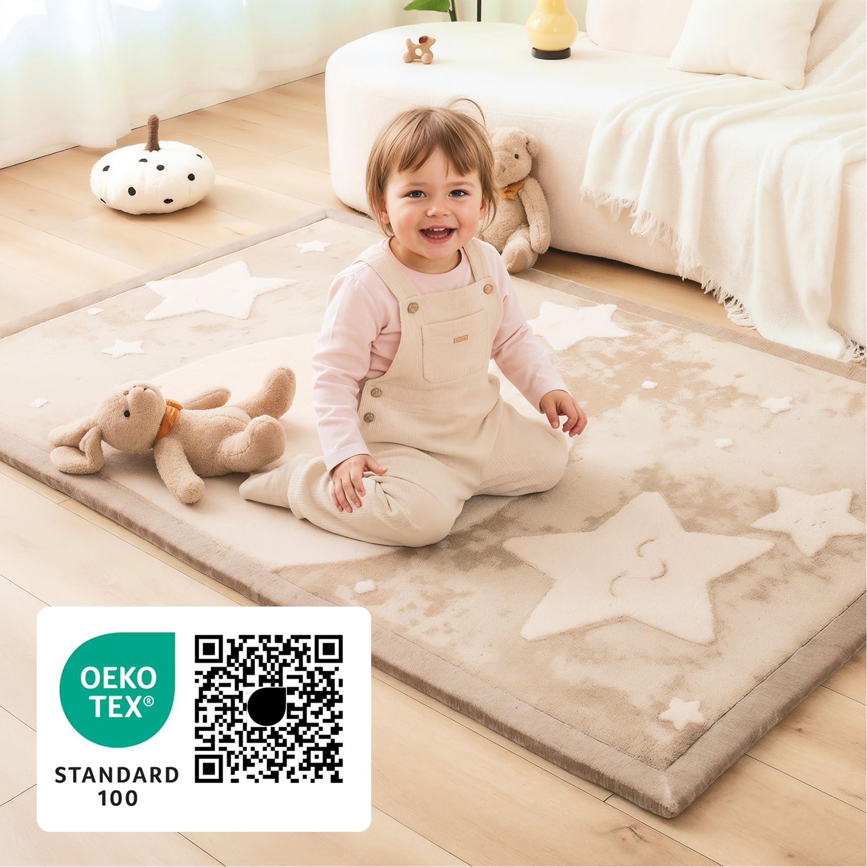Wolkenweiche Spielmatte Baby 200x150x2,5cm, mond&Sterne – Teppich für Kinderzimmer mit hochwertigem Memory-Schaum – Krabbelmatte Baby mit Rutschfester Unterseite, Tatami Matte