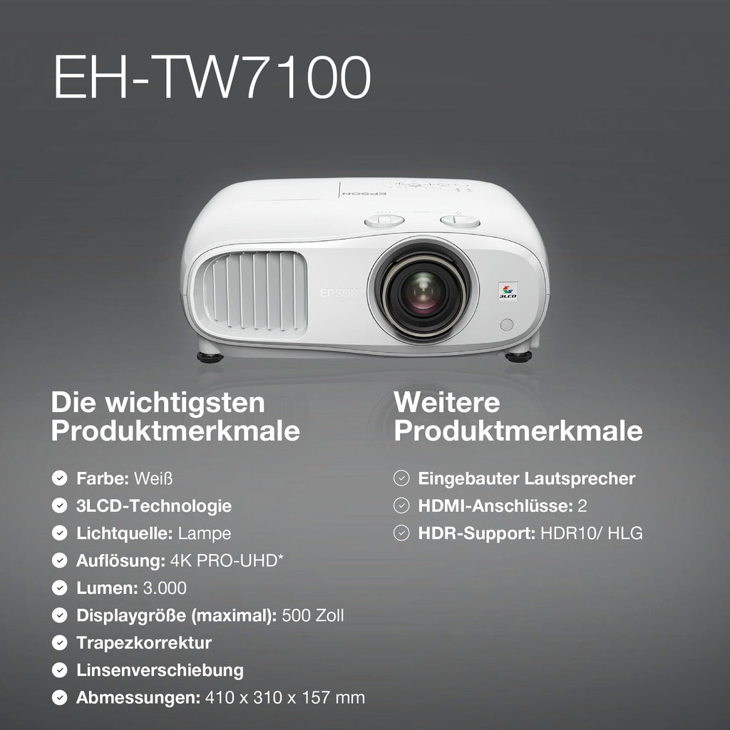 Epson EH-TW7100 4K PRO-UHD-Projektor, 3.000 Lumen, bis zu 500-Zoll Bilddiagonale (12,7 m)