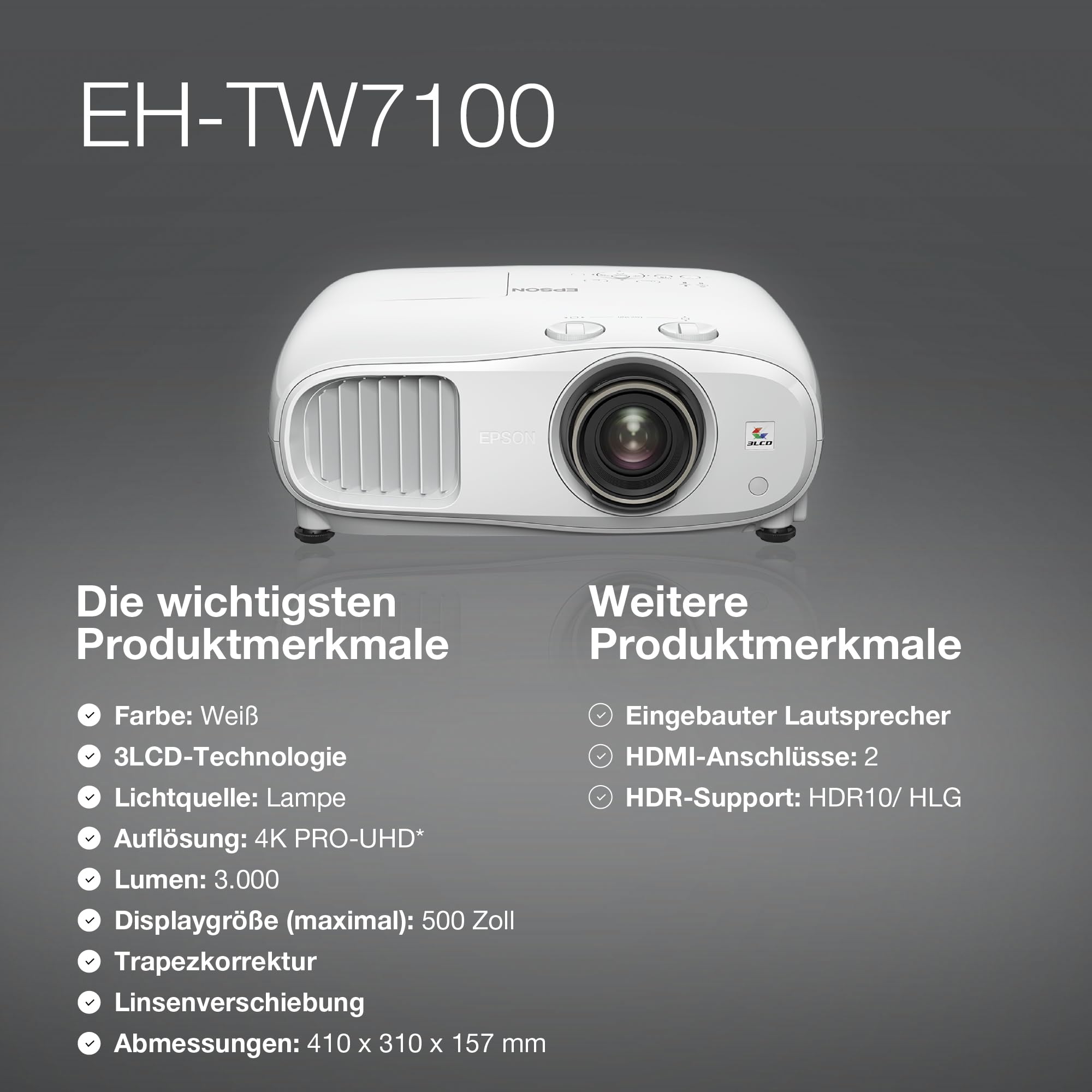 Epson EH-TW7100 4K PRO-UHD-Projektor, 3.000 Lumen, bis zu 500-Zoll Bilddiagonale (12,7 m)