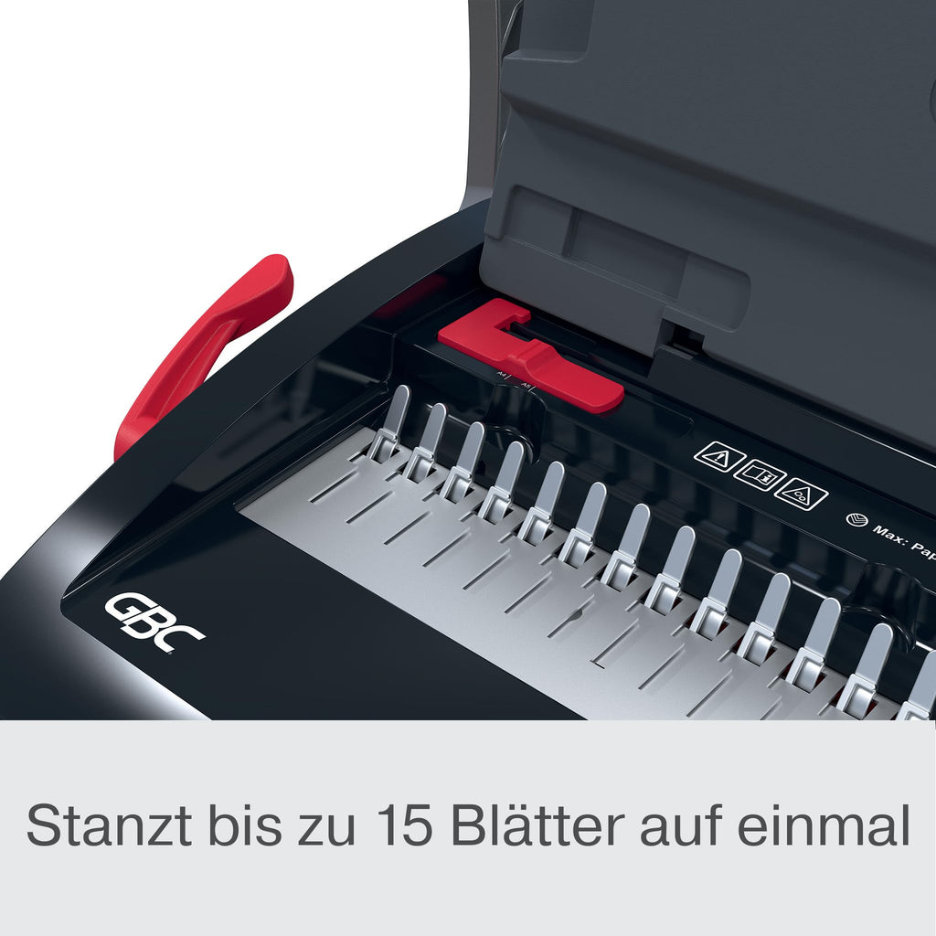 GBC CombBind CB15 Manuelles Bindegerät - Bindet 165 A5/A4 Blätter, kompaktes und leichtes Design, stanzt 15 Blätter, Schwarz/Silber, 4410061