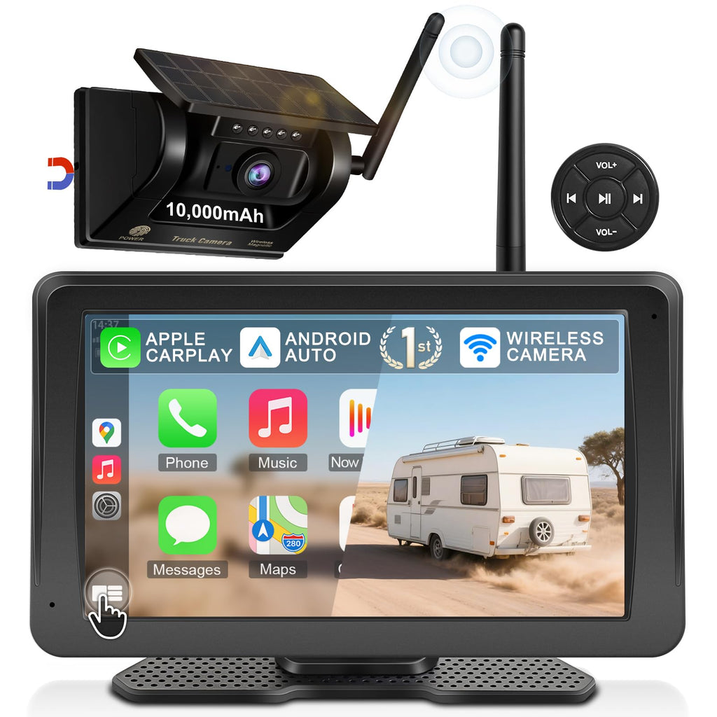 URVOLAX Rückfahrkamera Kabellos Funk: Tragbares 7 Zoll Apple CarPlay/Android Auto - 10.000mAh Akku Batterie mit Solar Nachtsicht Wasserdicht - für Wohnmobil Wohnwagen Anhänger LKW (69X Branchenneu)