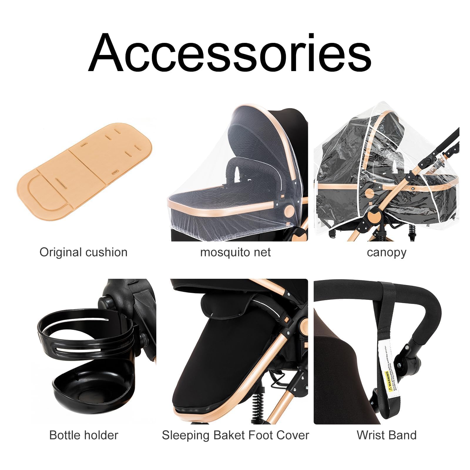 Reenborn Kinderwagen 3 in 1, Buggy mit Zwei Umkehrbaren Schiebemodi, Kinderwagen mit Rahmen Aluminiumlegierung, Babywagen 3 in 1 Komplettset mit Ein-Klick-Faltdesign Hohe Landschaft (588 Black Gold)