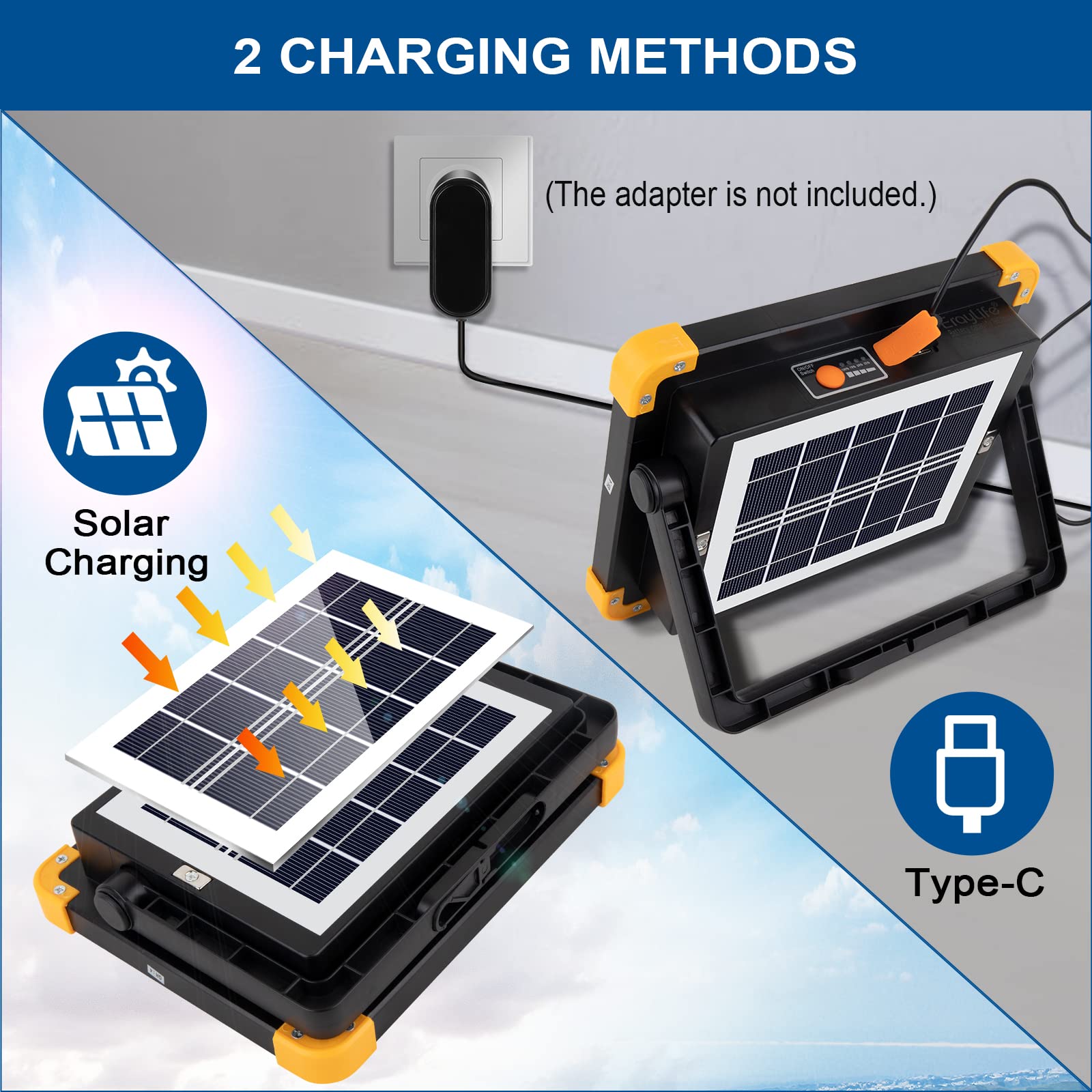 LED Baustrahler Solar 120W, Tragbar Arbeitsstrahler Akku mit 348 LED-Perlen 4 Modi, 10000 Lumen Arbeitsleuchte USB oder Solar Wiederaufladbare Ideal für Camping, Arbeit, Angeln, Schwarz
