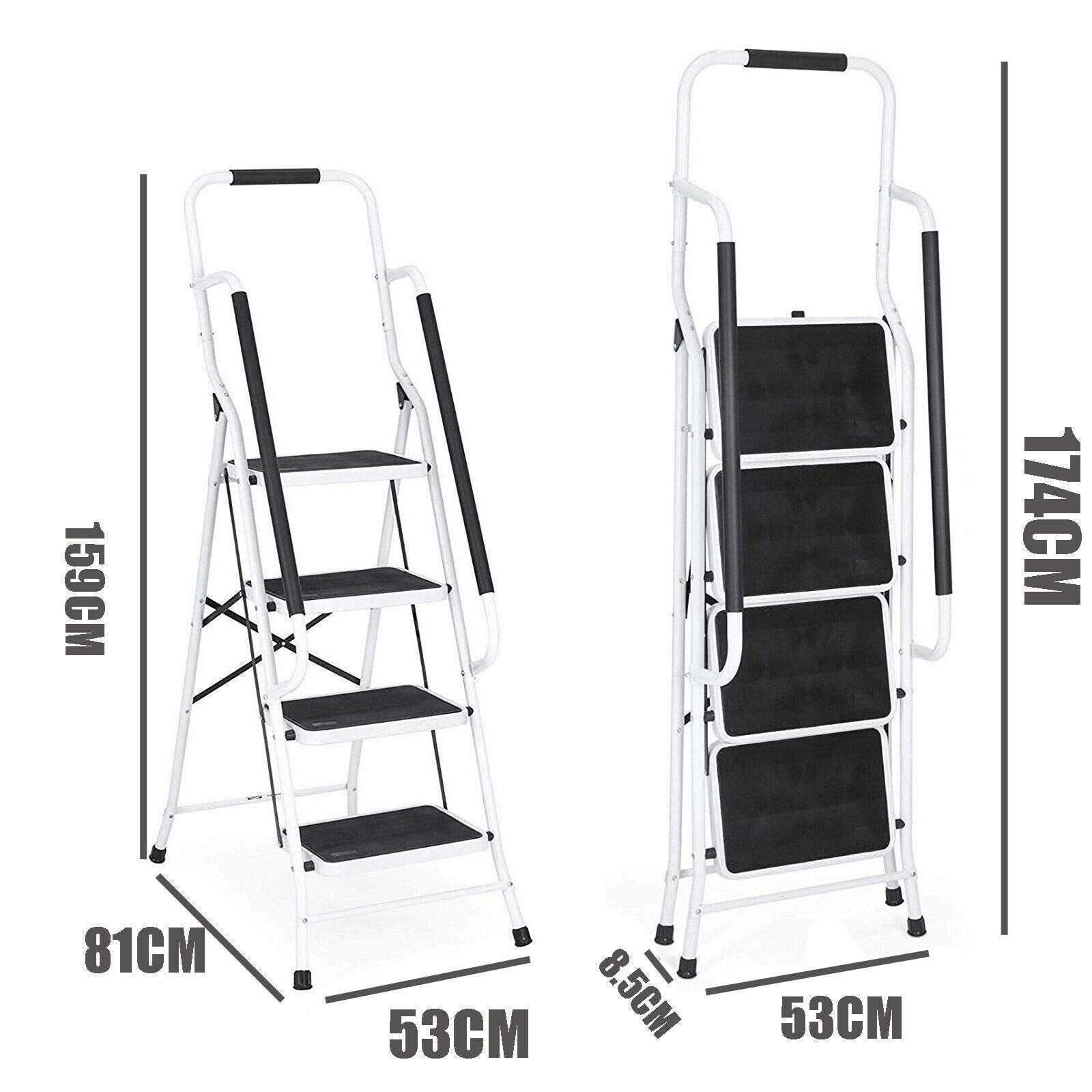 4 Stufen Klappleiter mit Handlauf Trittleiter Klappbar Tragbare kompakte Leiter Rutschfeste Matte Einfache Aufbewahrung Stehleiter für Home Kitchen Office DIY 150 kg max Belastung