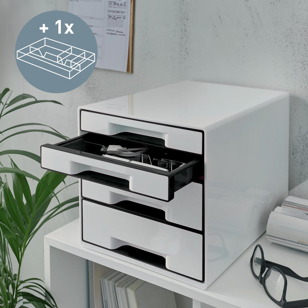 Leitz CUBE Schubladenbox mit 4 Fächern, A4, Inkl. transparentem Schubladeneinsatz, Weiß /Schwarz, WOW, 52521001