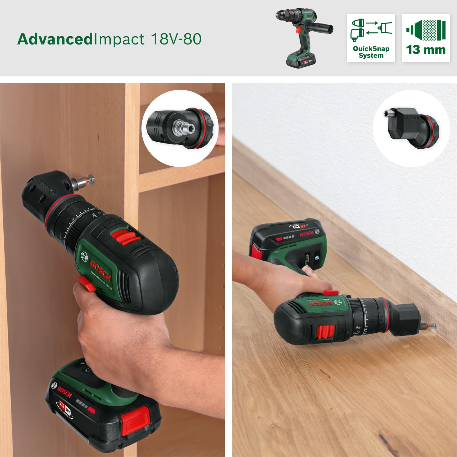 Bosch Akku-Schlagbohrschrauber AdvancedImpact 18V-80 QuickSnap (zum Bohren und Schrauben; 18V System; bürstenlos; 82 Nm; 13-mm-Bohrfutter; Zusatzhandgriff; ohne Akku)