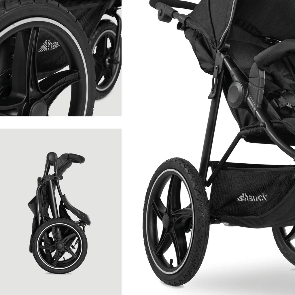hauck Runner 2, Schwarz - Robuster Dreirad Buggy mit XL Lufträdern, Federung, UV Schutz 50+, XL Netzfenster, Verstellbarer Schieber, mit Liegefunktion für Kinder ab Geburt bis 22 kg, Faltbar