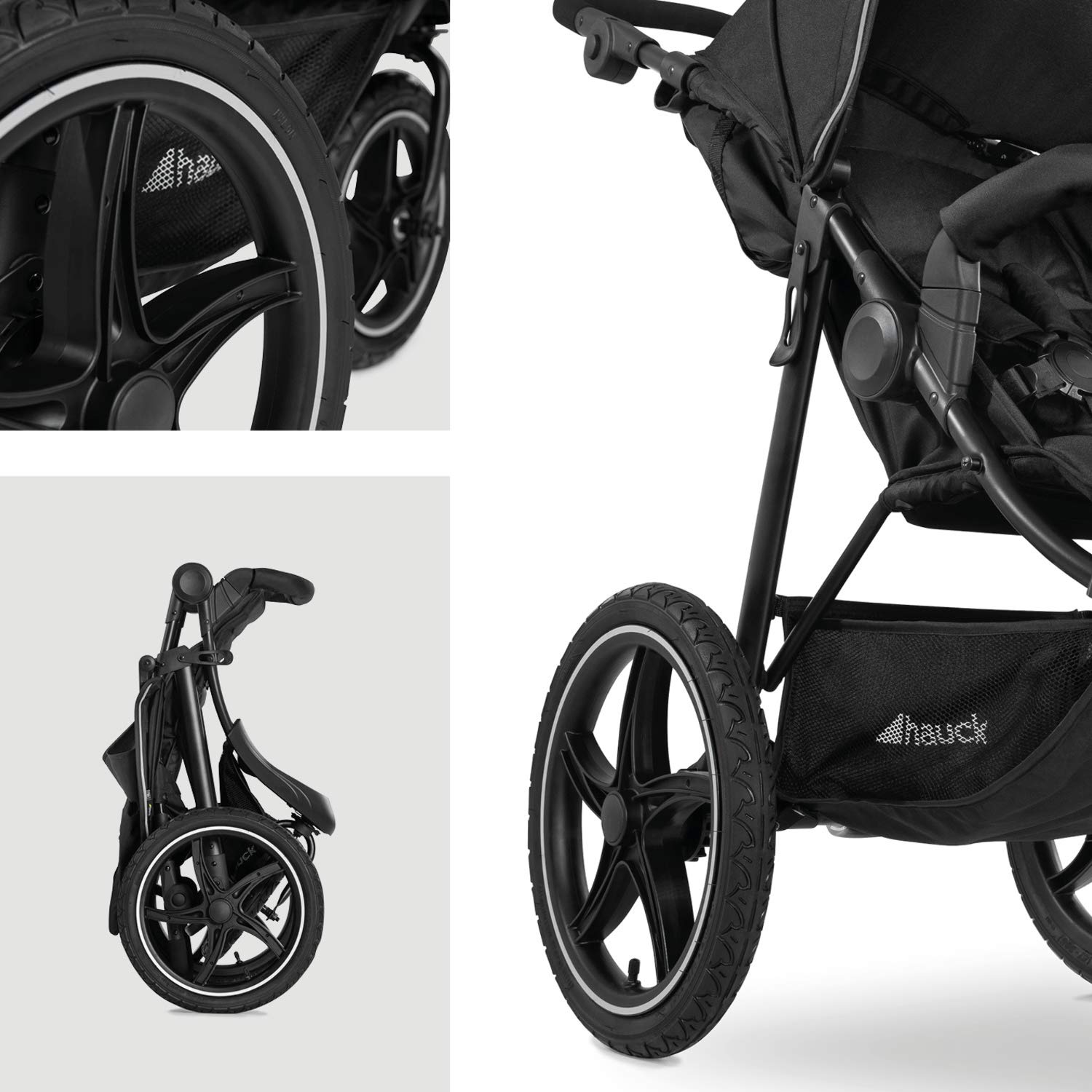 hauck Runner 2, Schwarz - Robuster Dreirad Buggy mit XL Lufträdern, Federung, UV Schutz 50+, XL Netzfenster, Verstellbarer Schieber, mit Liegefunktion für Kinder ab Geburt bis 22 kg, Faltbar