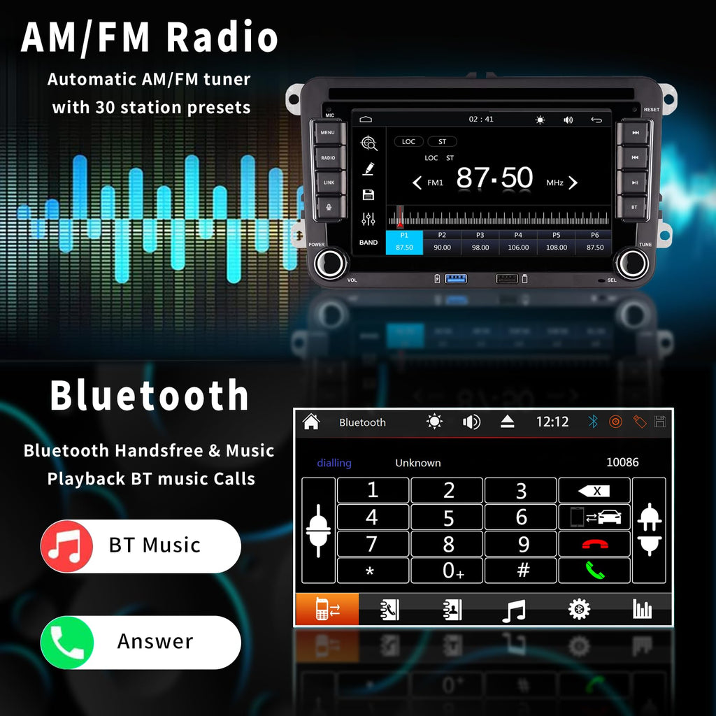 High Power Autoradio mit Wireless Carplay Android Car für VW Golf 5 6 Polo T5 Skoda Passat Jetta Caddy, 7 Zoll IPS VW Radio mit Bluetooth/FM/AM/USB/DSP/EQ Lenkradsteuerung