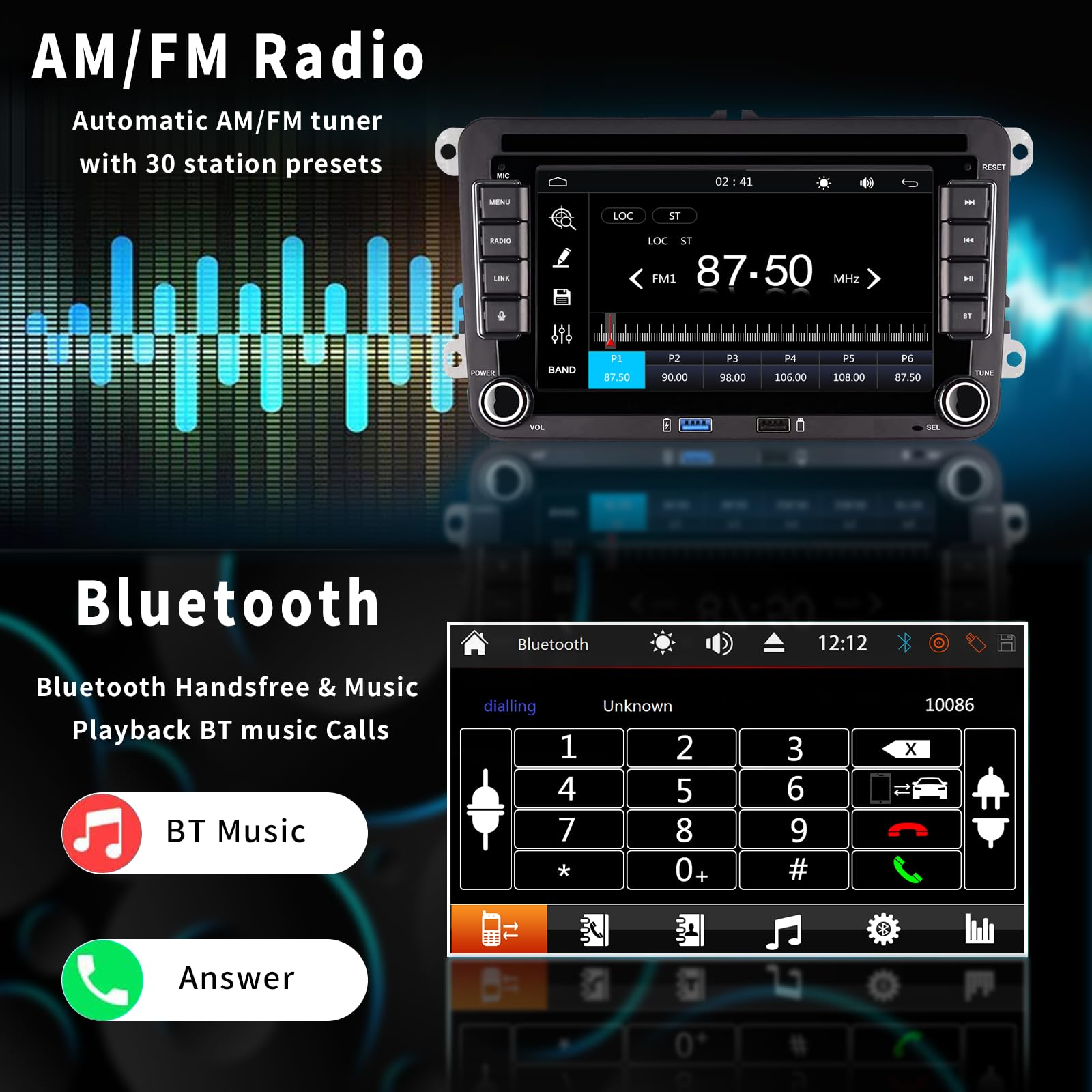 High Power Autoradio mit Wireless Carplay Android Car für VW Golf 5 6 Polo T5 Skoda Passat Jetta Caddy, 7 Zoll IPS VW Radio mit Bluetooth/FM/AM/USB/DSP/EQ Lenkradsteuerung