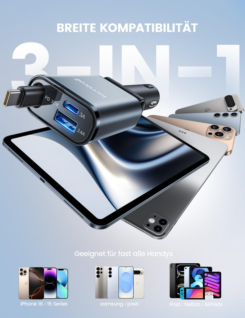 Lamicall 3 IN 1 Zigarettenanzünder USB C Auto Ladegerät -【2026 Super Kompakt】50W USB Adapter Auto Schnellladegerät mit einziehbare Typ-C Kabel/USB C/USB A, 24/12V KFZ Ladegerät Auto für iPhone/Samsung