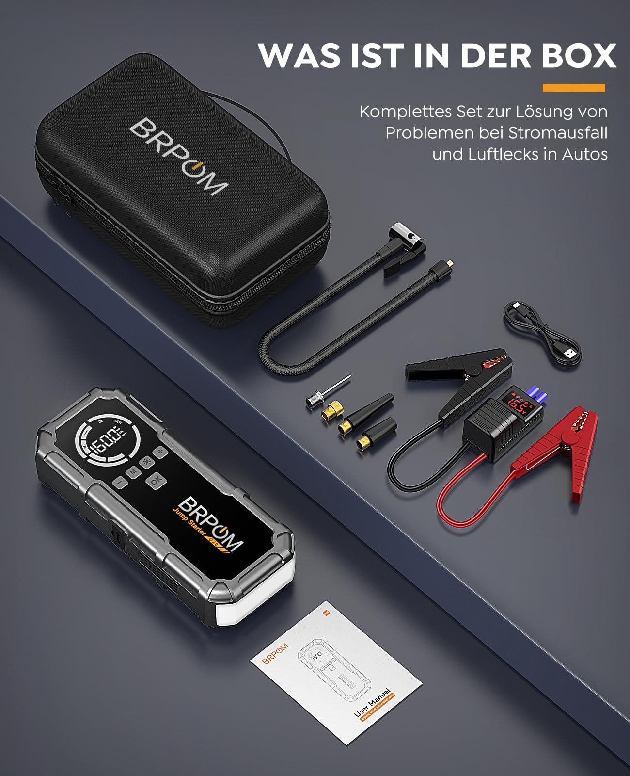 BRPOM Starthilfe Powerbank für Pkw mit Kompressor 160PSI,8000A 26800mAh Auto Starthilfe Powerbank für All Benzin und 12.0L Dieselmotor,Starter Powerbank Eingang/Ausgang und 600LUM LED-Licht