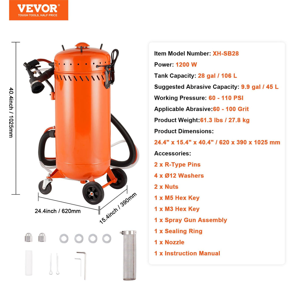 VEVOR 28 Gallonen Vakuum-Sandstrahler, staubfreier Sandstrahler mit eingebautem 1200 W Vakuumsystem zur Staubkontrolle und Strahlmittelrückführung, 60-110 PSI Hochleistungs-Strahlgerät