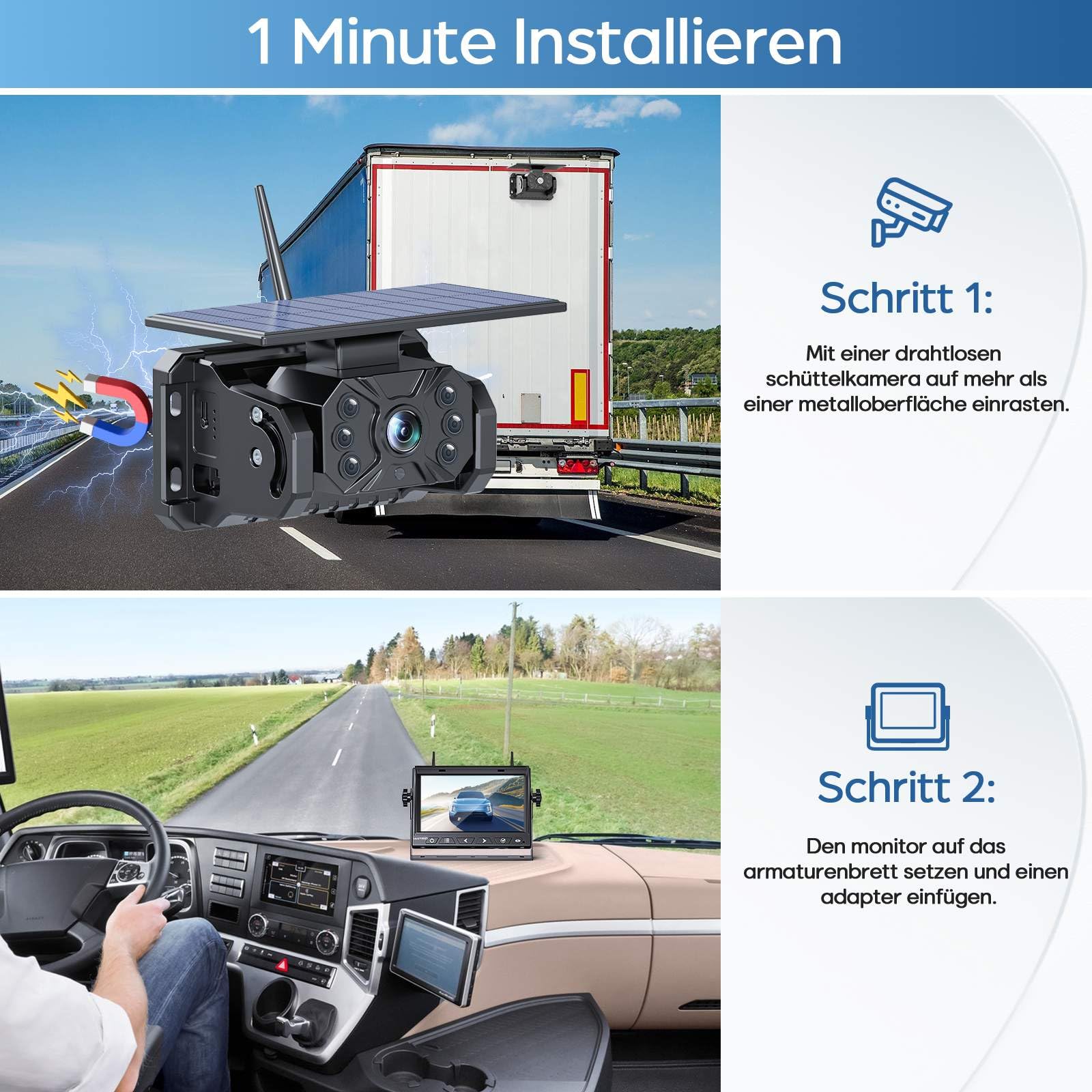 VASTEND Rückfahrkamera Kabellos Solar Magnetische Rückfahrkameras Funk mit 10000mAh Akku, 7" Drahtlose Rückfahrkamera, IP69 Wasserdichter, DIY Installation, für Wohnwagen, LKW, Auto, Wohnmobil (VS-7A)