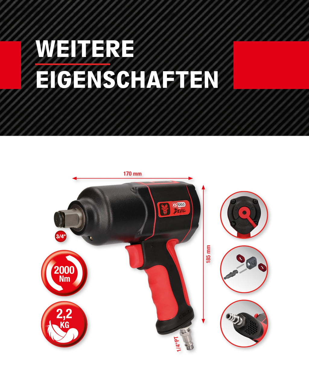 KS Tools Schlagschrauber Druckluft THE DEVIL 3/4" 515.3400 2000Nm I Druckluft Schlagschrauber in 3-Stufen einstellbar 1290, 1010, 660 Nm I Hochleistungs-Doppel-Hammer-Schlagwerk