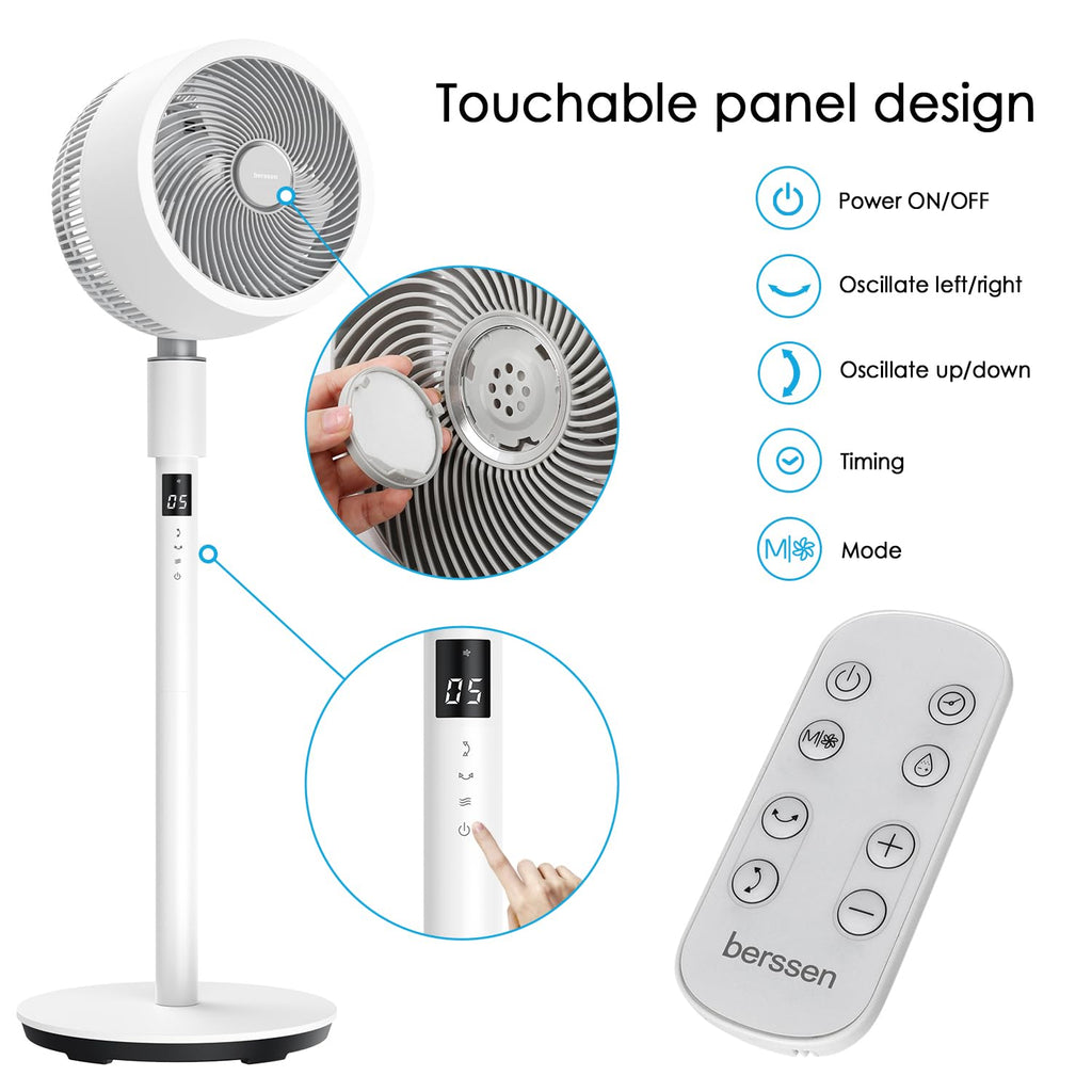 berssen Standventilator Ventilator leise 25dB 3D Oszillation DC Motor 68/100cm Höhenverstellbar Turbo Luftzirkulation Fernbedienung Tastbildschirm 7,1m/s Windgeschwindigkeit Energie Sparen,Weiß