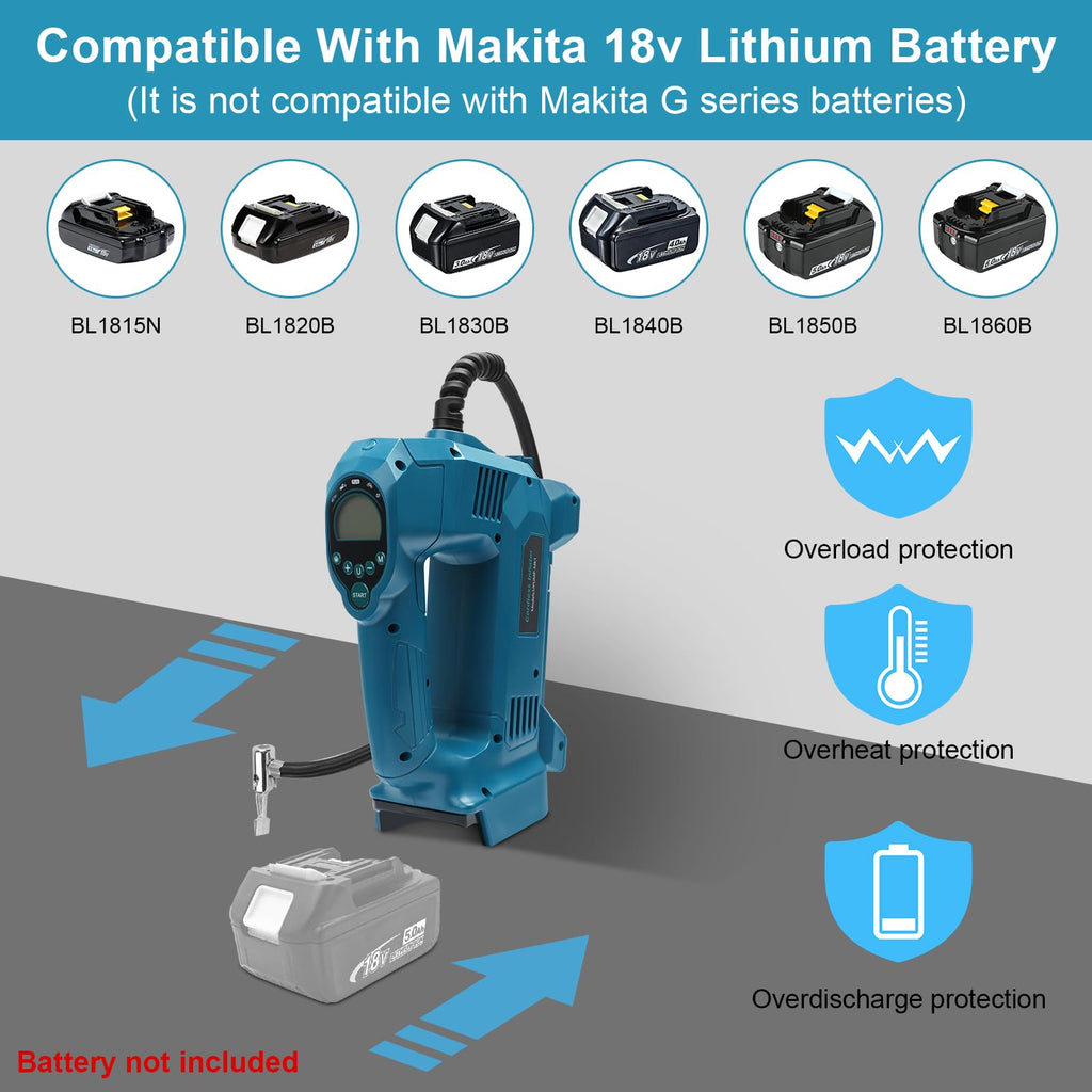 QUPERR Akku Kompressor kompatibel mit Makita 18V Akku, Elektrischer Luftkompressor bis 10,34 bar mit LED-Licht & Autostopp, Tragbare Luftpumpe für Auto, Motorrad, Fahrrad, Bälle (ohne Akku)