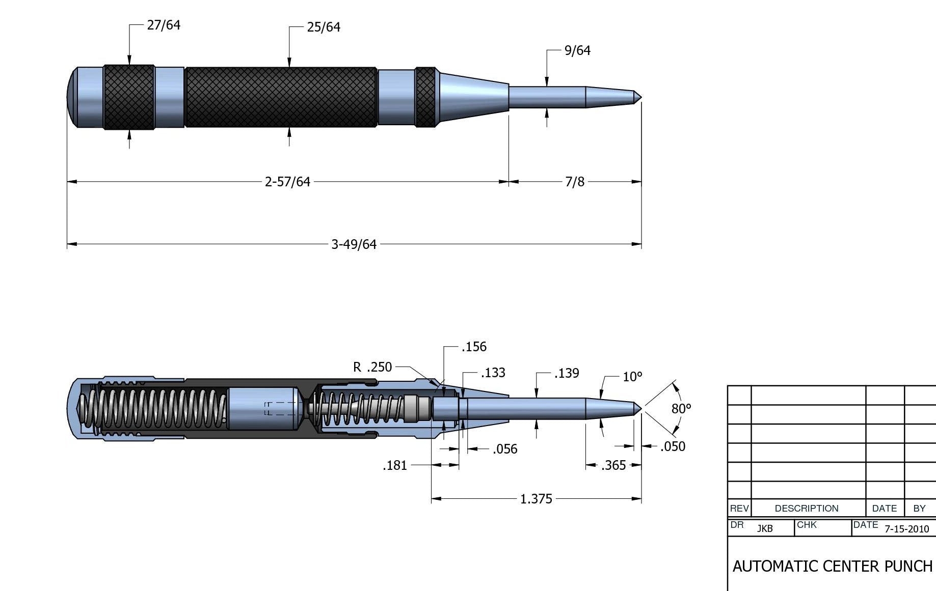 Starrett 18AA Automatischer Körner mit einstellbarem Hub, 4" Länge, 7/16" Durchmesser