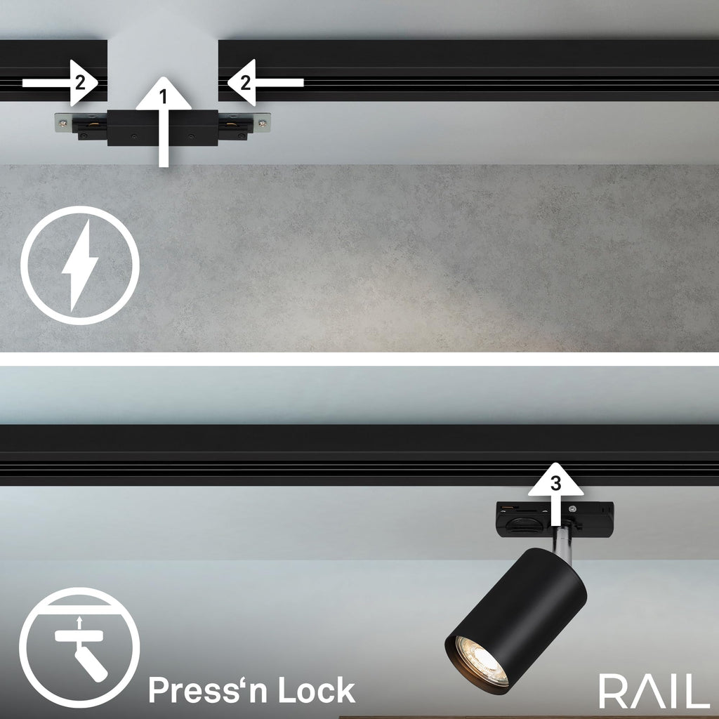 BRILONER - Schienensystem Rail Starterset, 4x GU10 Spots schwenkbar, erweiterbar, Lichtschienensystem Decke, Strahler Schiene, Deckenlampe, Deckenleuchte, Spotlight, 1,5 m, Schwarz