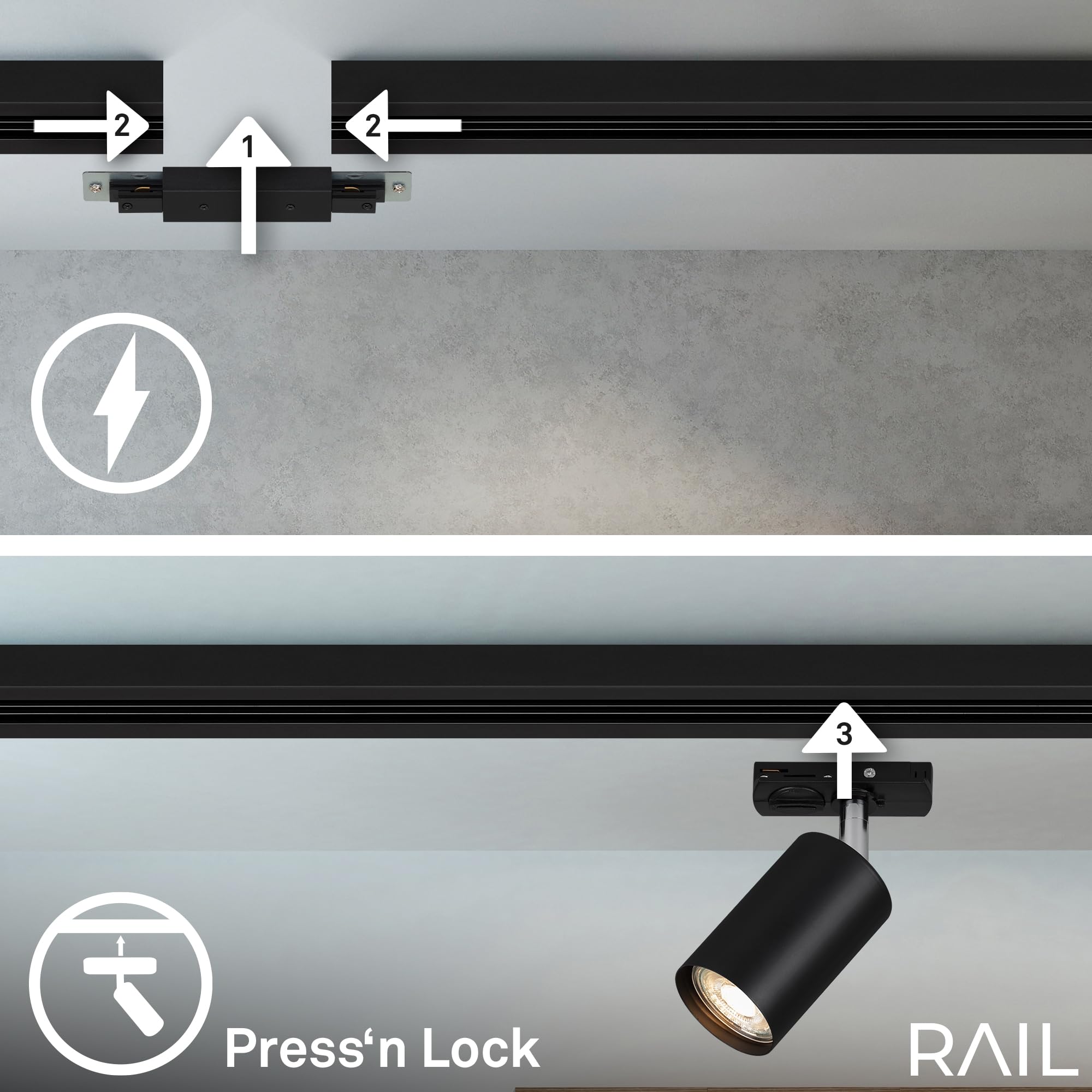 BRILONER - Schienensystem Rail Starterset, 4x GU10 Spots schwenkbar, erweiterbar, Lichtschienensystem Decke, Strahler Schiene, Deckenlampe, Deckenleuchte, Spotlight, 1,5 m, Schwarz