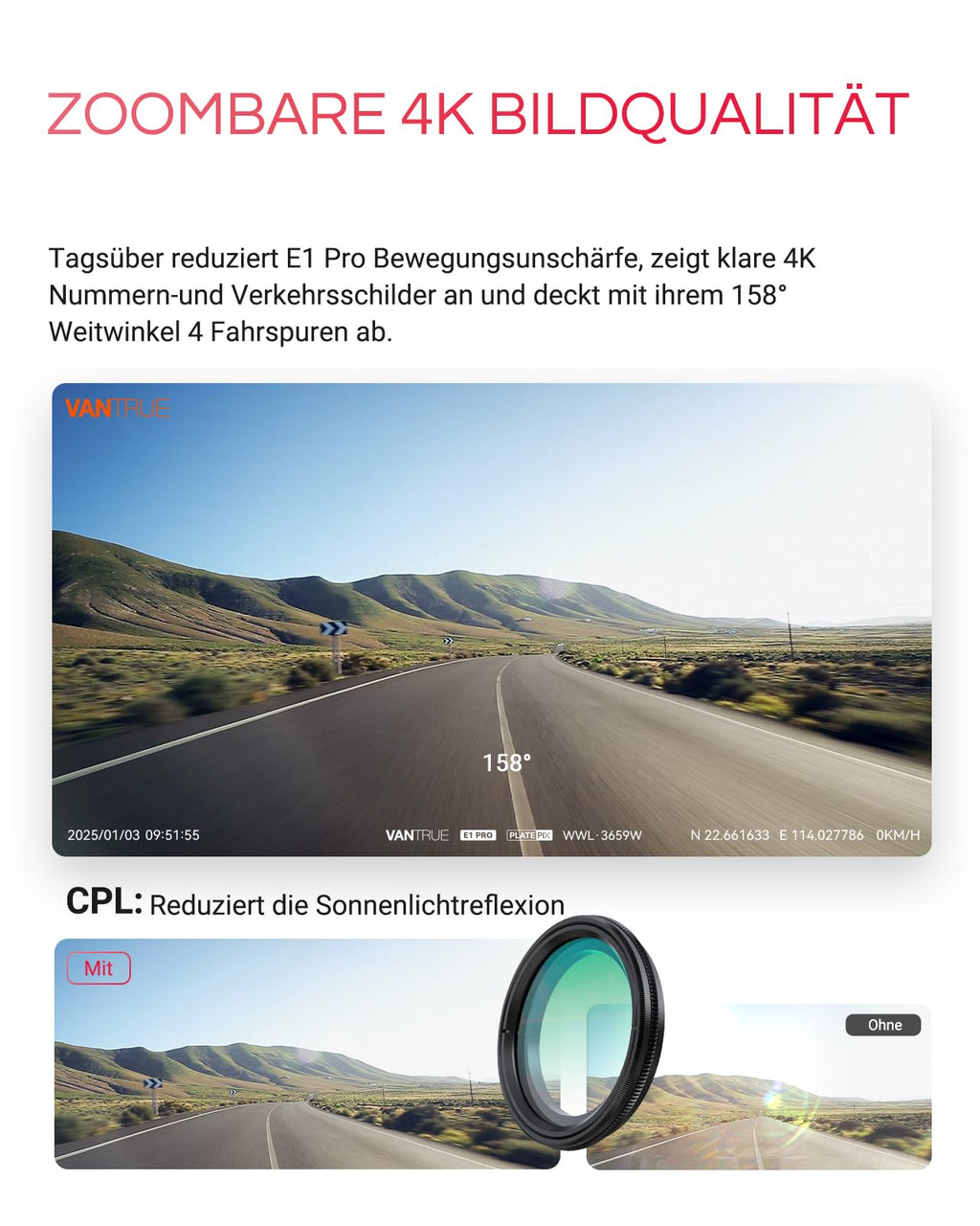 VANTRUE E1 Pro 4K HDR STARVIS 2 Dashcam Auto vorne, 5Ghz WLAN Mini Dash Cam mit CPL, GPS Sprachbefehle, 15Sek. Puffer Parküberwachung, Prima Nachtsicht, 1.54 Zoll 160°Versteckte Autokamera, max. 1TB