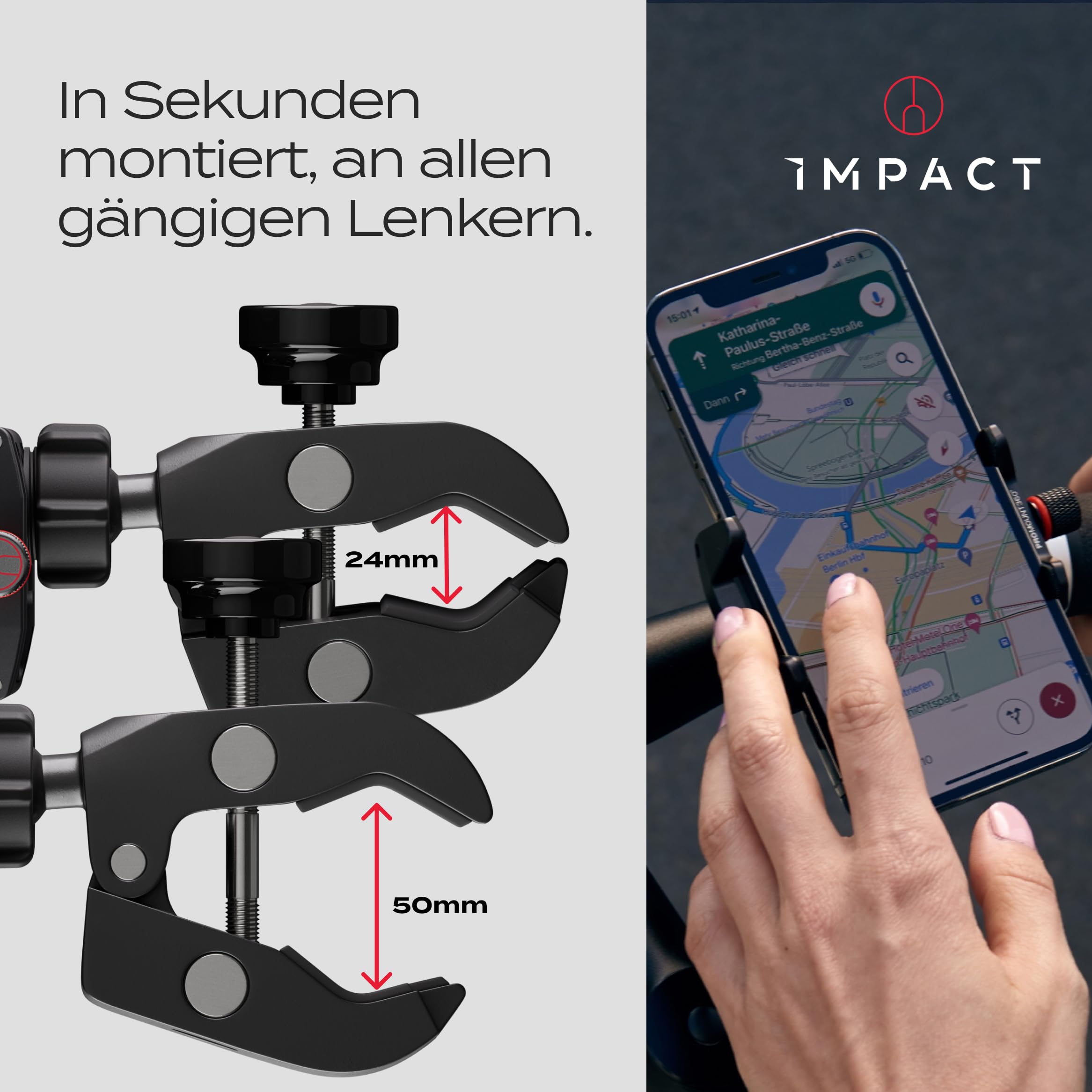 Impact® Pro Mount 360° Handyhalterung Fahrrad mit Universal Halterung - Handyhalter [Smartphone KOMPATIBEL 4 bis 7 Zoll] - Handyhalterung für Fahrrad Lenker mit Kugelgelenk & Sicherheitsgummi