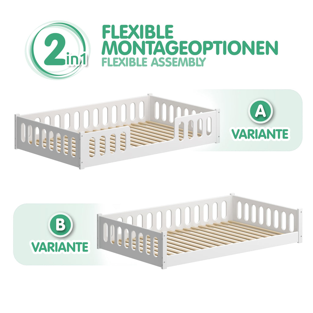 CADANI 2in1 Monte Bodenbett 120x200 cm Montessori Kinderbett weiß, Rausfallschutz abnehmbar, 42 kg schwer, bis 200 kg belastbar, extra starker Roll-Lattenrost, umbaubar