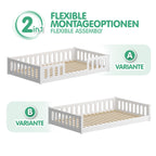 CADANI 2in1 Monte Bodenbett 120x200 cm Montessori Kinderbett weiß, Rausfallschutz abnehmbar, 42 kg schwer, bis 200 kg belastbar, extra starker Roll-Lattenrost, umbaubar