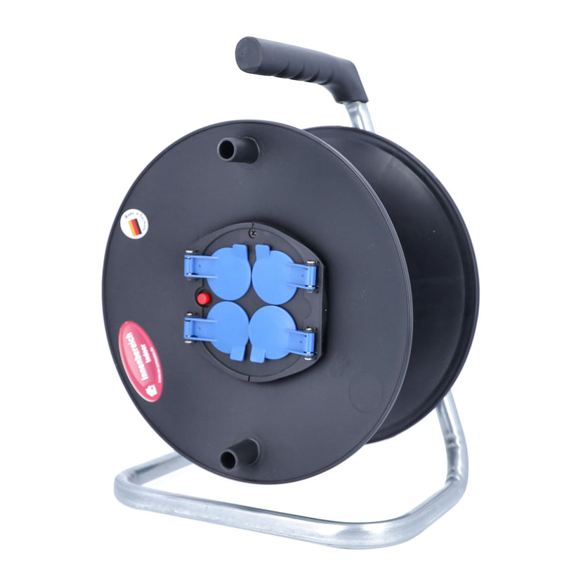 as - Schwabe Kunststoffkabeltrommel Leertrommel Ø285 mm für ca. 50 m Kabel, 4 Einbausteckdosen mit Klappdeckel 230V/16A, Thermoschutzschalter, IP20, Schwarz, 10208