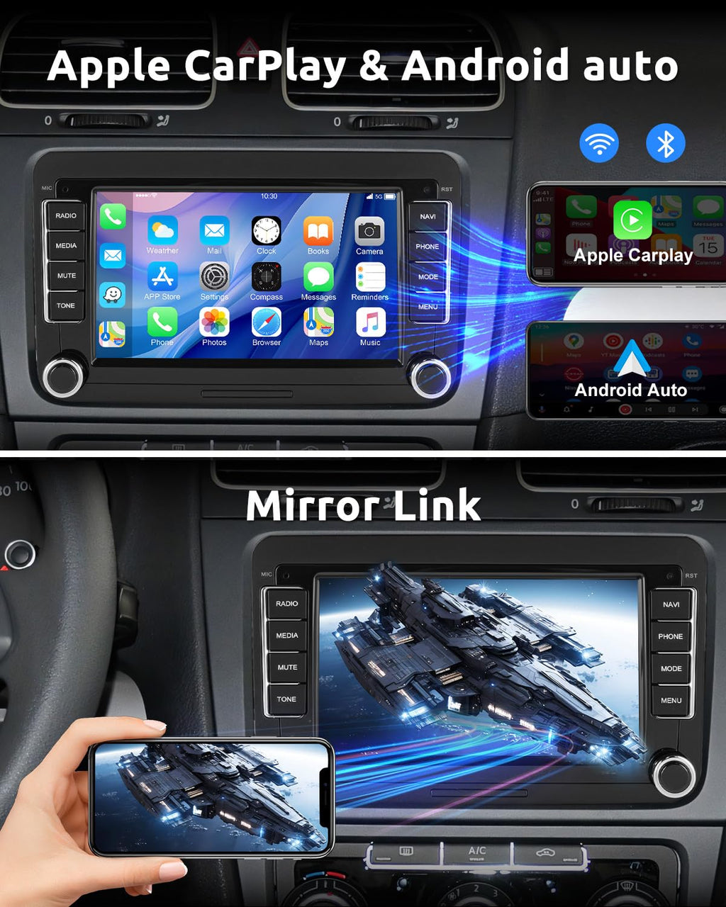 ESSGOO 4+64G Wireless CarPlay Androidd Auto Autoradio Für VW Caddy Golf MK5 6 Polo Passat Seat RCD330,Android 14 2 Din Bluetooth Radio mit 7 Zoll Touchscereen FM RDS GPS WiFi Navi