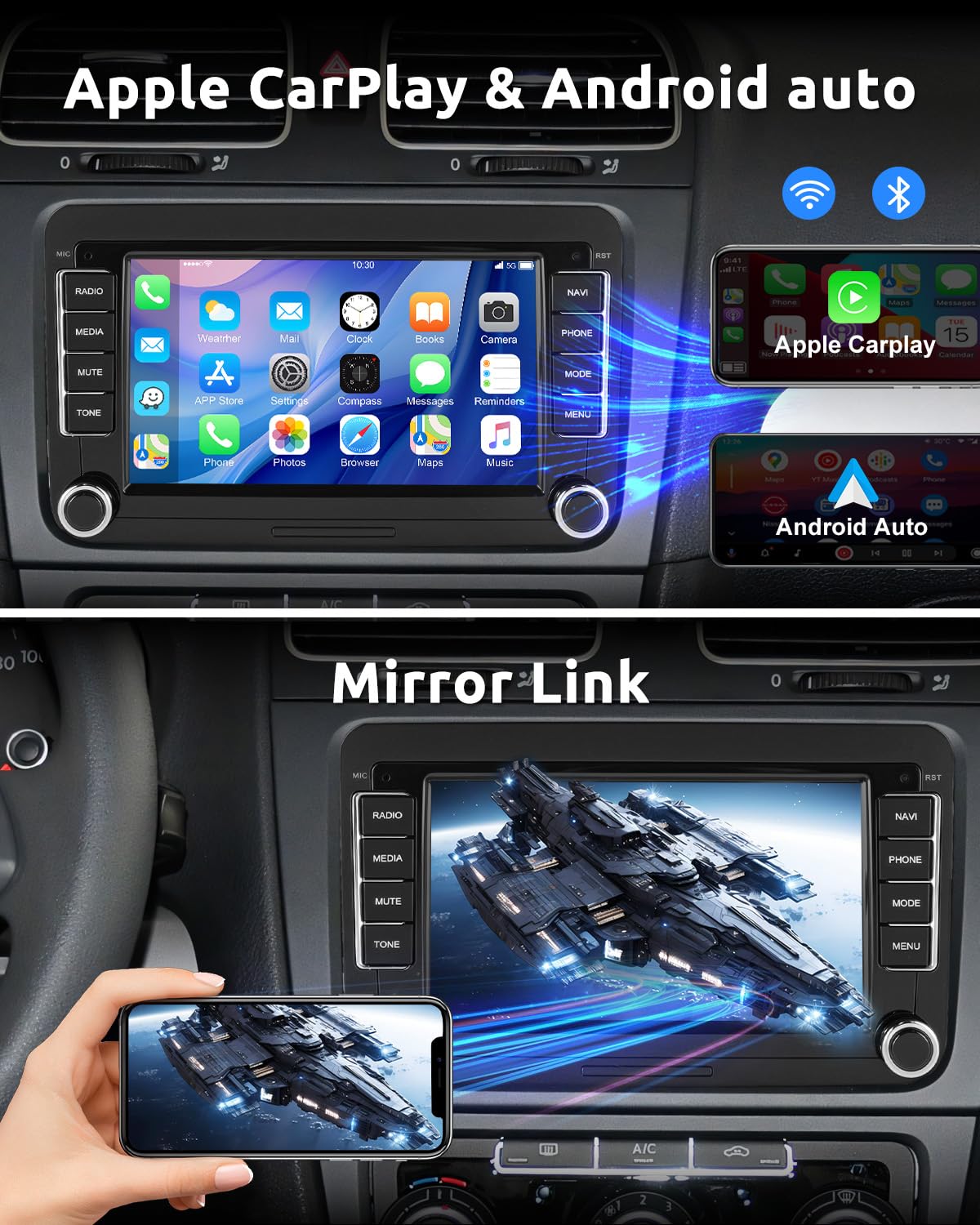 ESSGOO 4+64G Wireless CarPlay Androidd Auto Autoradio Für VW Caddy Golf MK5 6 Polo Passat Seat RCD330,Android 14 2 Din Bluetooth Radio mit 7 Zoll Touchscereen FM RDS GPS WiFi Navi