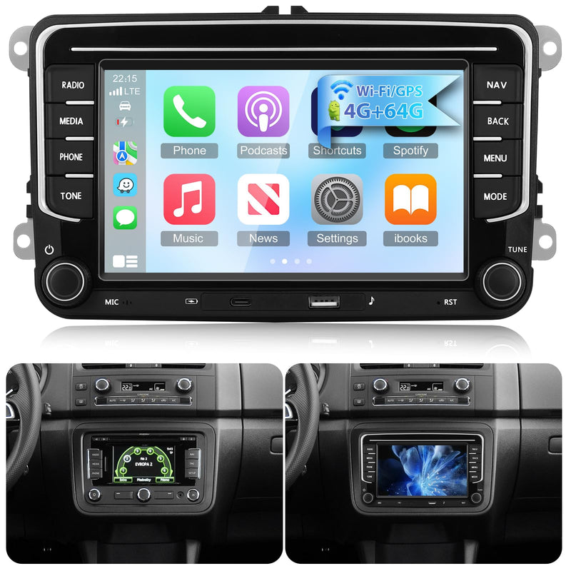 NHOPEEW 7 Zoll Android Autoradio mit 4 + 64 GB und USB Typ-C-Anschluss für VW Passat B6, B7 Golf 5 6 Jetta T5 EOS POLO Touran Seat Sharan Unterstützt CarPlay und Android Auto WiFi GPS + Rückfahrkamera