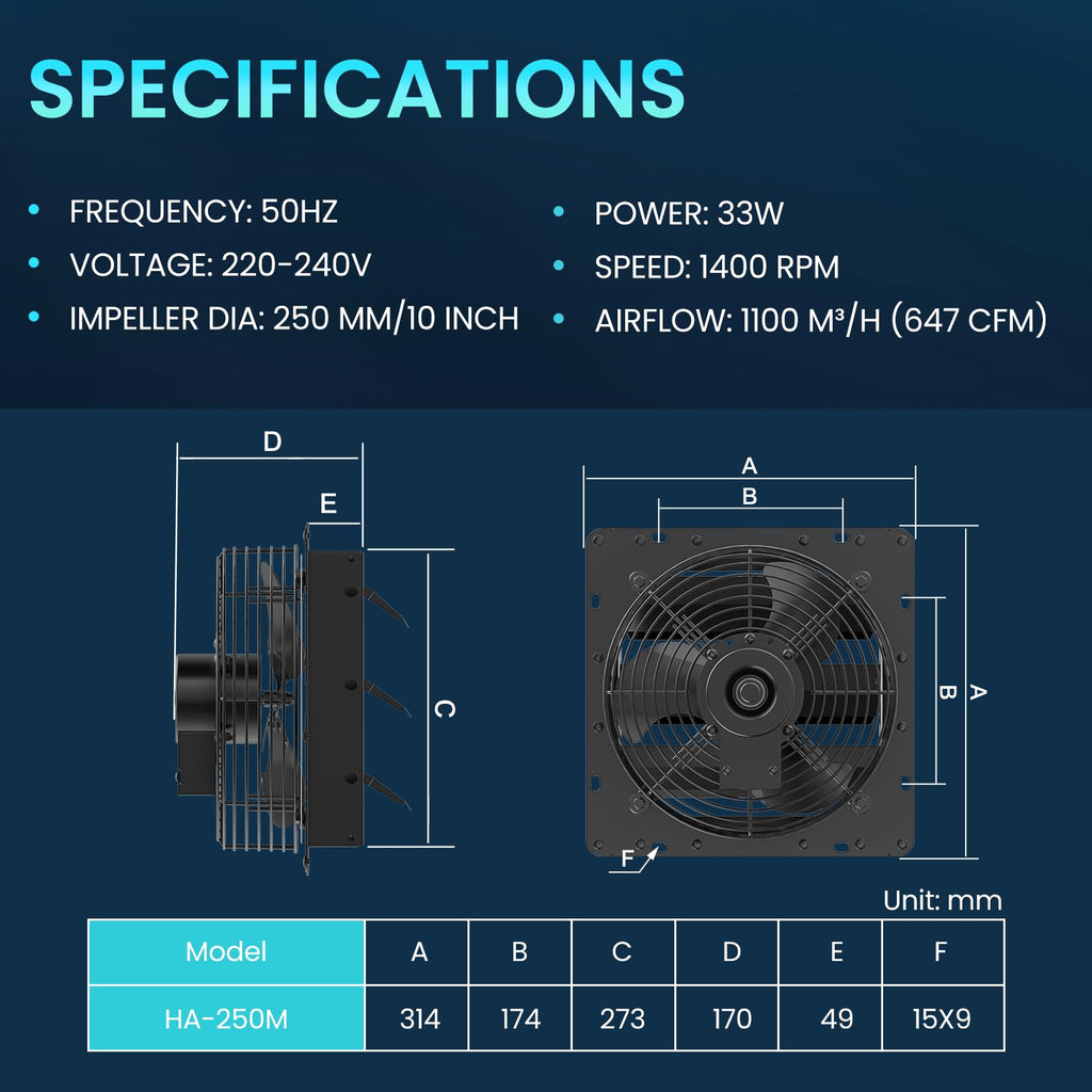 HG Power 250mm Abluftventilator Industrie Wandventilator 1100m³/h Wandlüfter mit Maschensieb Auspuffventilator mit EU-Stecker Aluminium Fensterventilator für Keller Garage Küche
