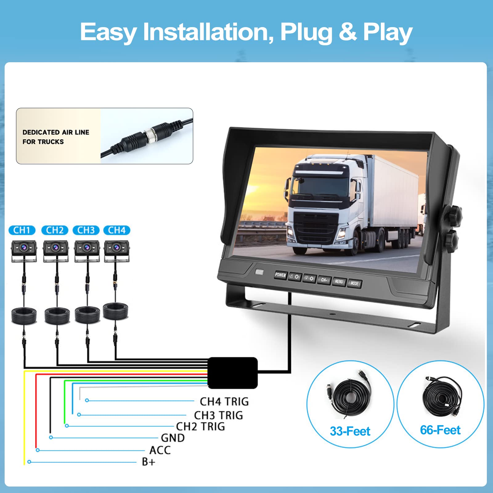 CAMECHO RV Rückfahrkamera Set 4 Kameras Set,Videoaufzeichnung 9 Zoll LCD Monitor DVR+4 Geteilte Rück und Vorder Kamera, Weitwinkel, IP68 wasserdicht, 18IR Nachtsicht, für LKW/Anhänger/Bus/Van 12V-35V