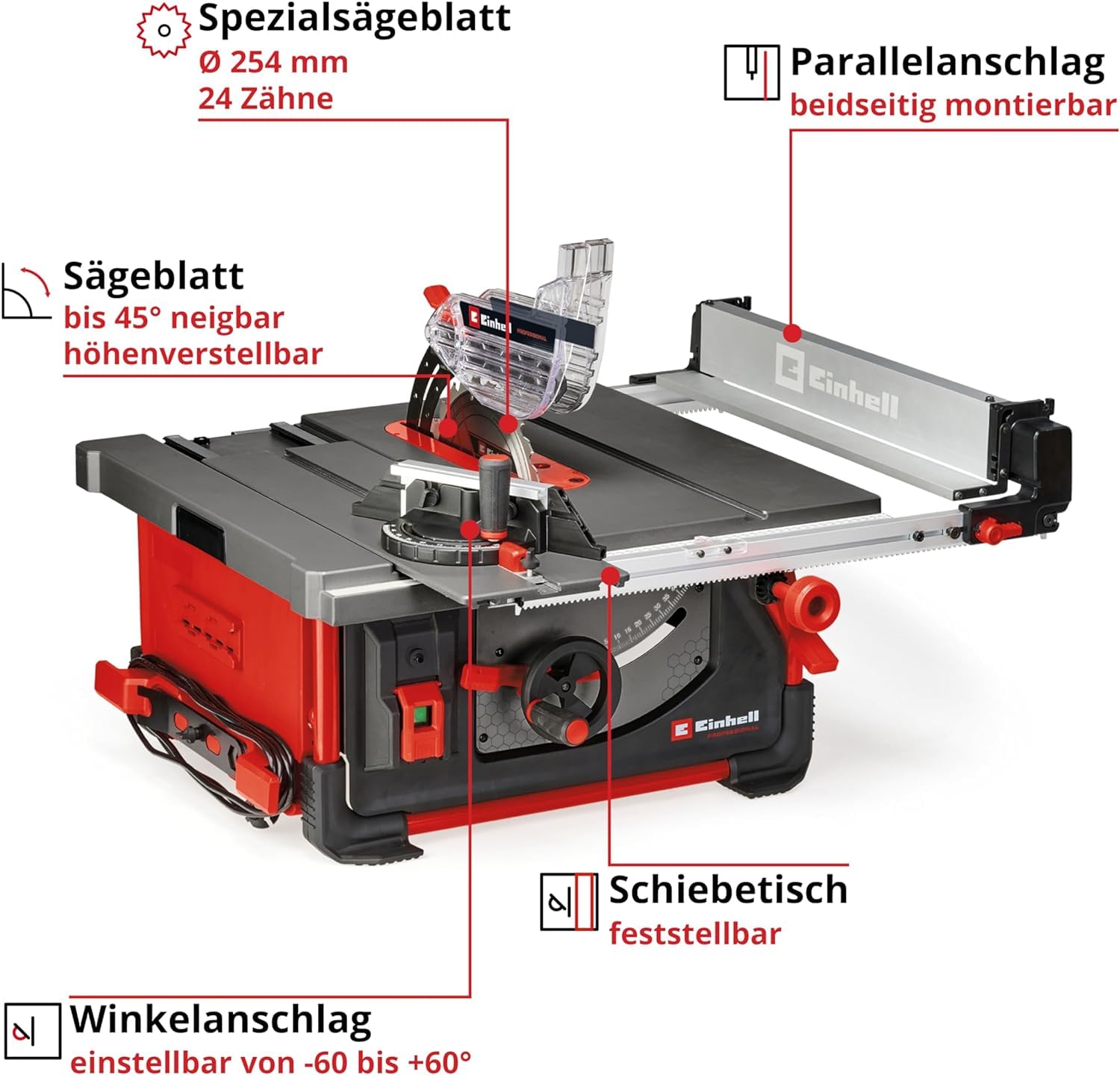 Einhell Professional Tischkreissäge mit Schiebetisch TP-CC 10 T (2000 W, 85 mm Schnitthöhe, Ø 254 mm Sägeblatt, Schiebeschlitten, Tischverbreiterung, Winkelanschlag)